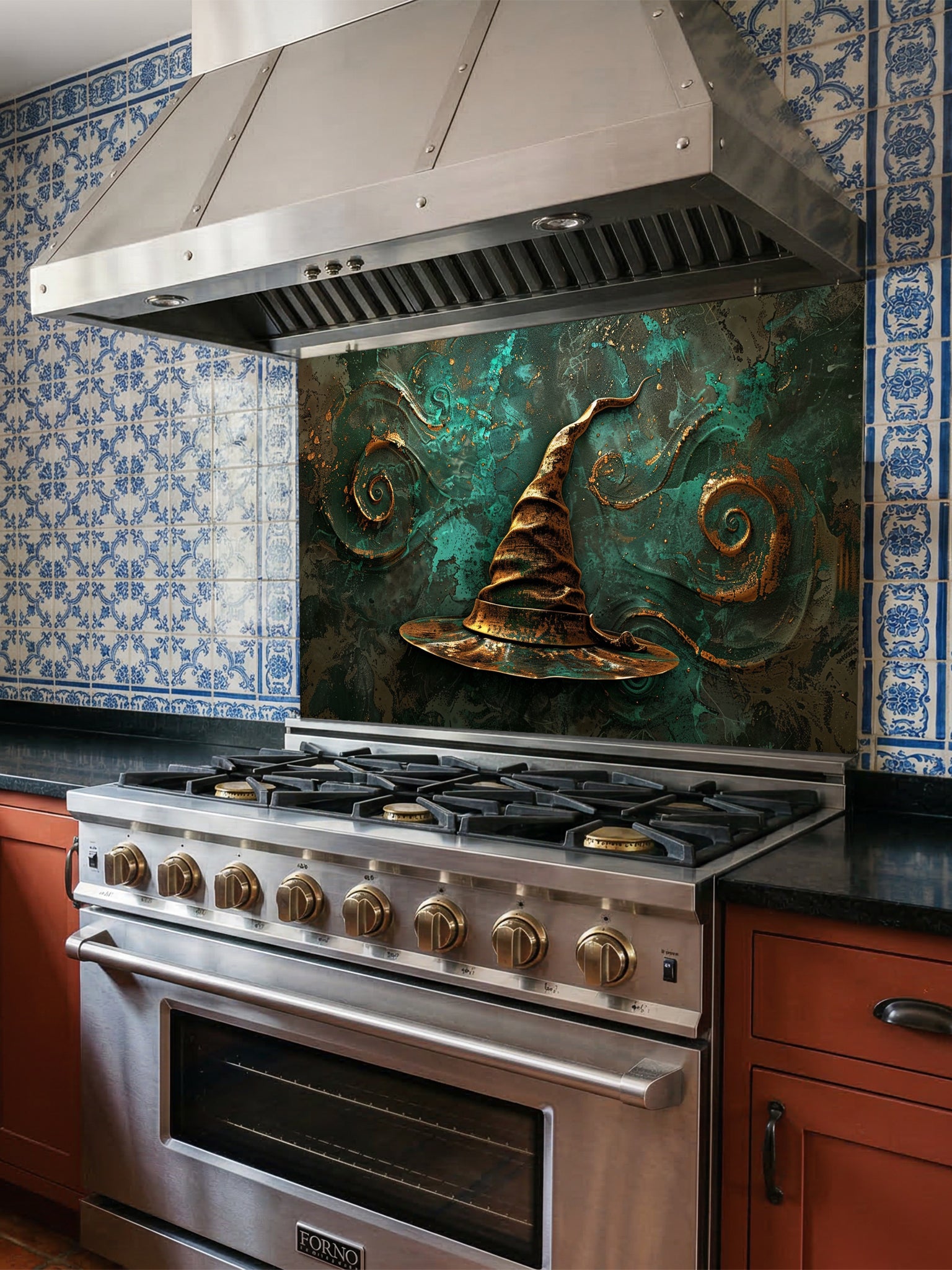 Tempered glass kitchen backsplash featuring a highly realistic 3D illusion of an antique gold sculpted witch or wizard hat surrounded by magical swirling patterns against a textured deep teal background, installed behind a modern black stove.