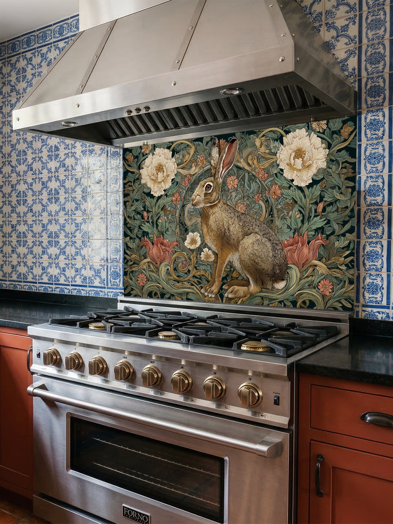Stainless steel range with floral and rabbit design backsplash in a kitchen.