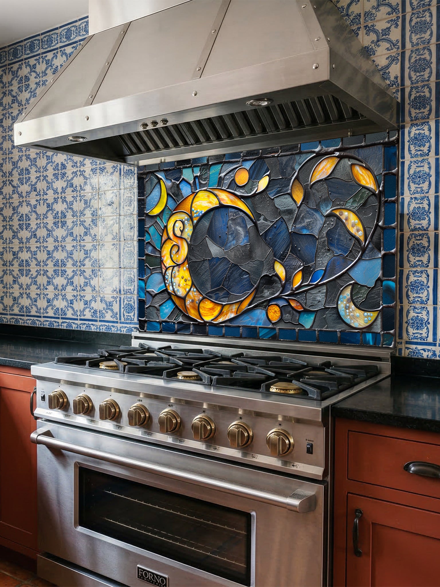 Tempered glass kitchen backsplash featuring a highly realistic 3D illusion of an abstract mosaic moon glowing in amber and gold against a swirling midnight blue and charcoal background, installed behind a modern black stove.