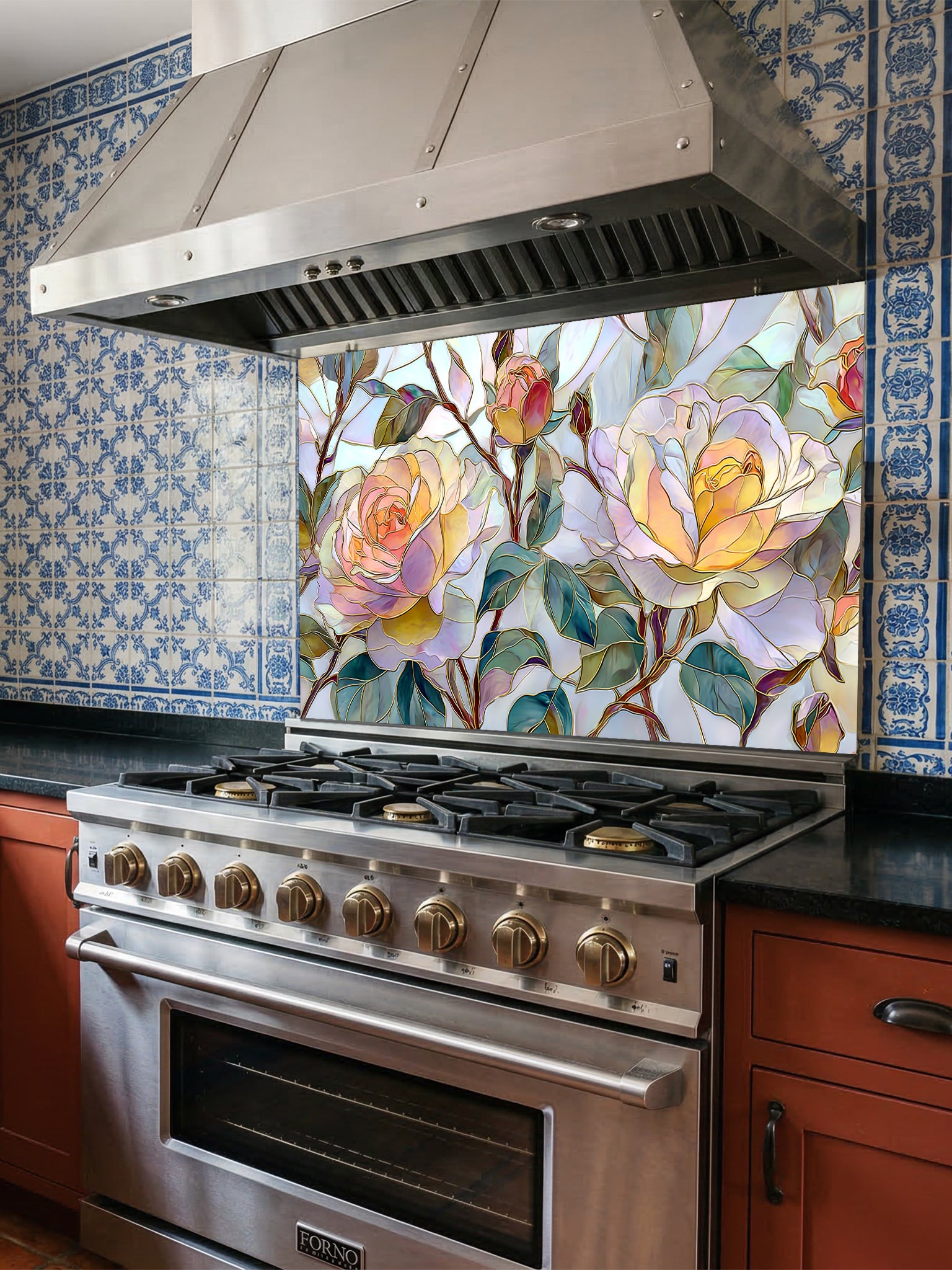 Tempered glass kitchen backsplash featuring a highly realistic 3D illusion of stained glass and watercolor art showing large, delicate blooming roses in pastel yellow, peach, and blush pink with teal green leaves, installed behind a modern black stove.