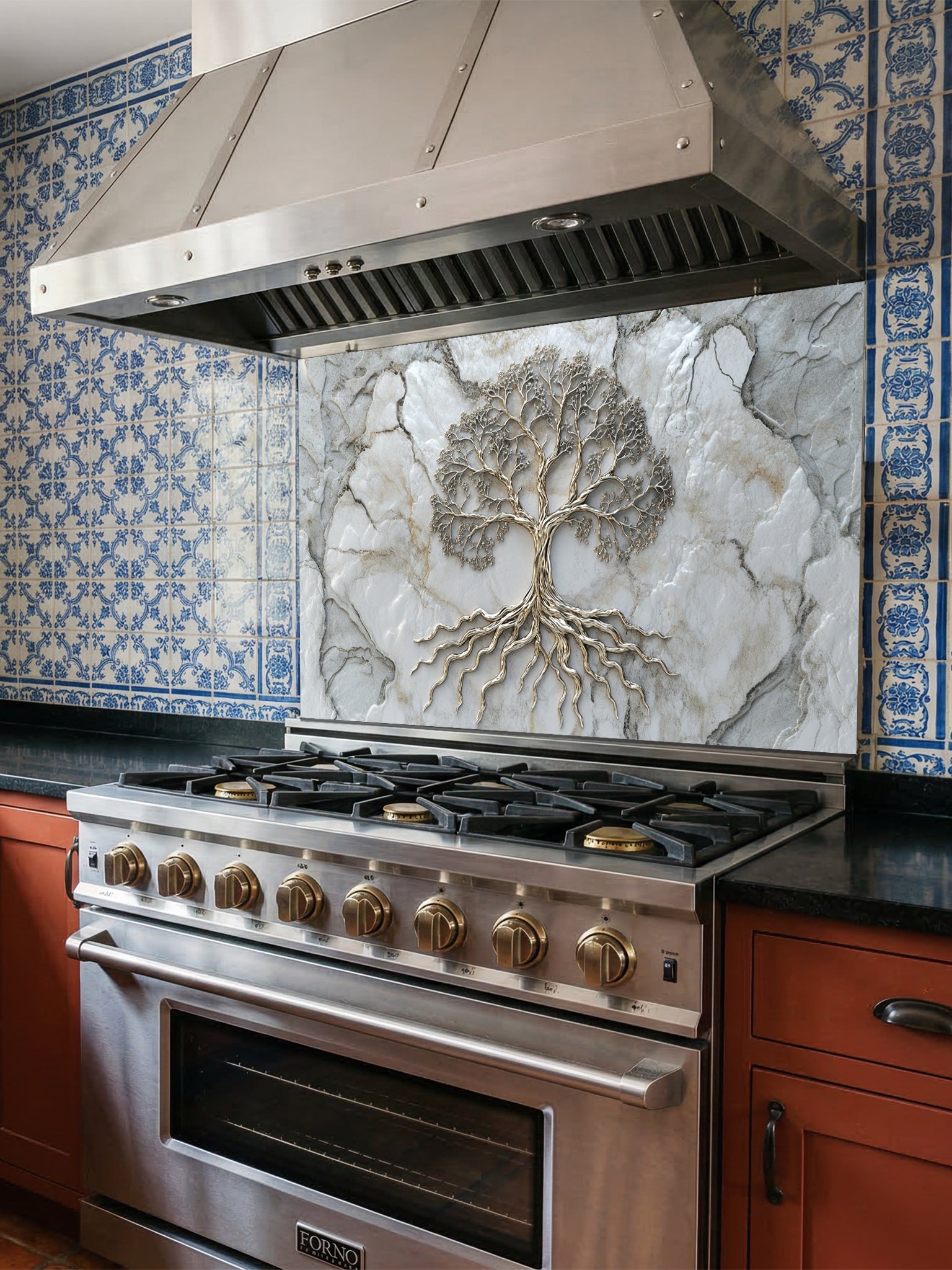 Faux 3D effect metallic Tree of Life on a light marble texture background, UV printed on a smooth tempered glass kitchen backsplash, installed behind a modern stove.