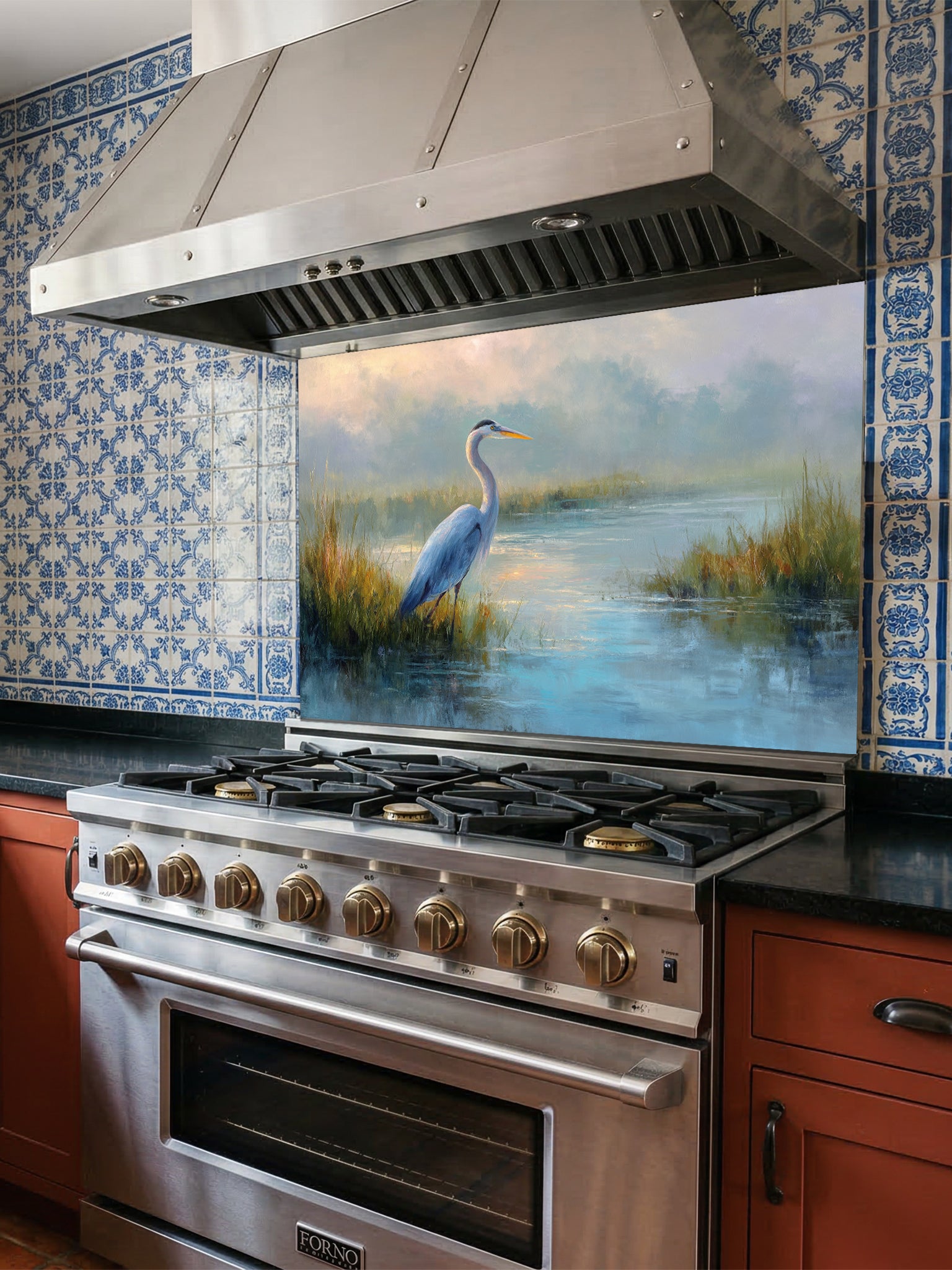Fine art style oil painting of a blue heron standing in a misty wetland marsh, UV printed on a smooth tempered glass kitchen backsplash.