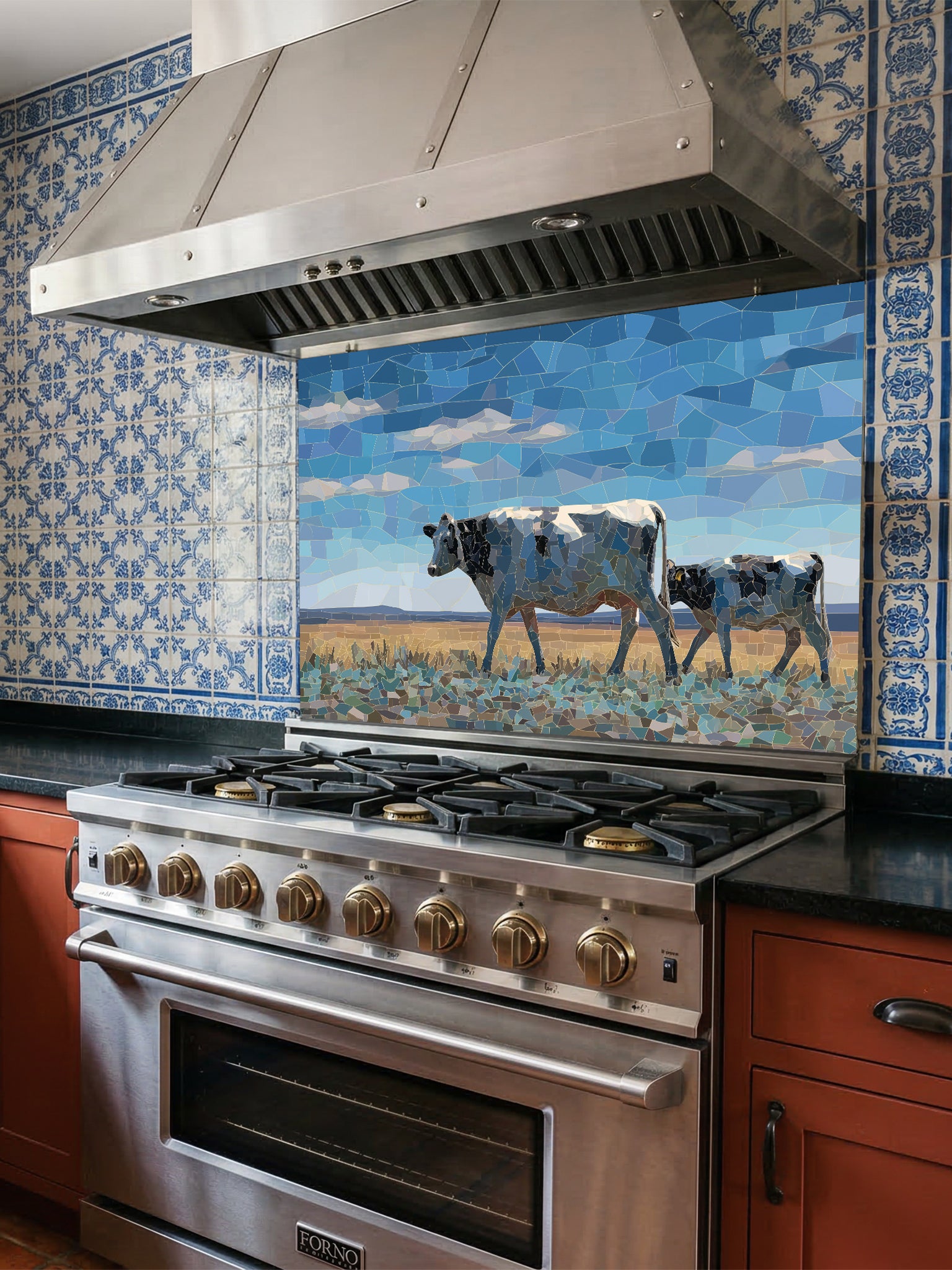 Faux mosaic tile art of a cow and calf in a pasture under a blue sky, UV printed on a smooth tempered glass kitchen backsplash, installed behind a modern stove.