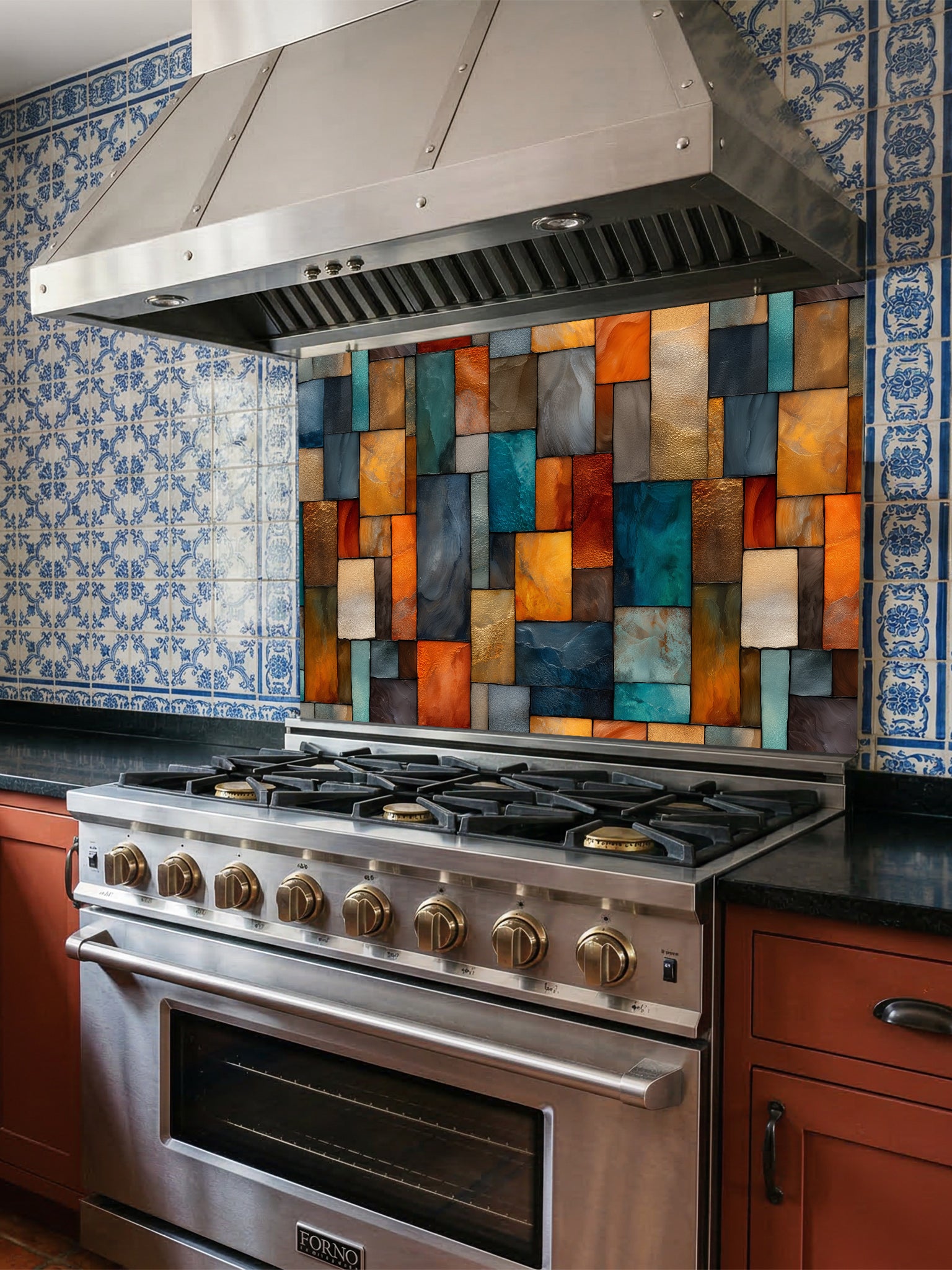 Tempered glass kitchen backsplash featuring a highly realistic 3D illusion of an abstract geometric mosaic made of textured stained glass rectangles in vibrant teal, amber, orange, and slate grey, installed behind a modern stainless steel stove.