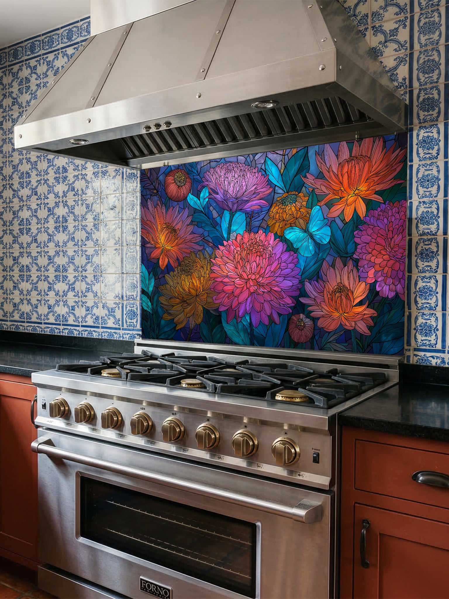 Stained glass style vibrant pink and orange dahlia flowers with a bright blue butterfly, UV printed on a smooth tempered glass kitchen backsplash, installed behind a modern stove.