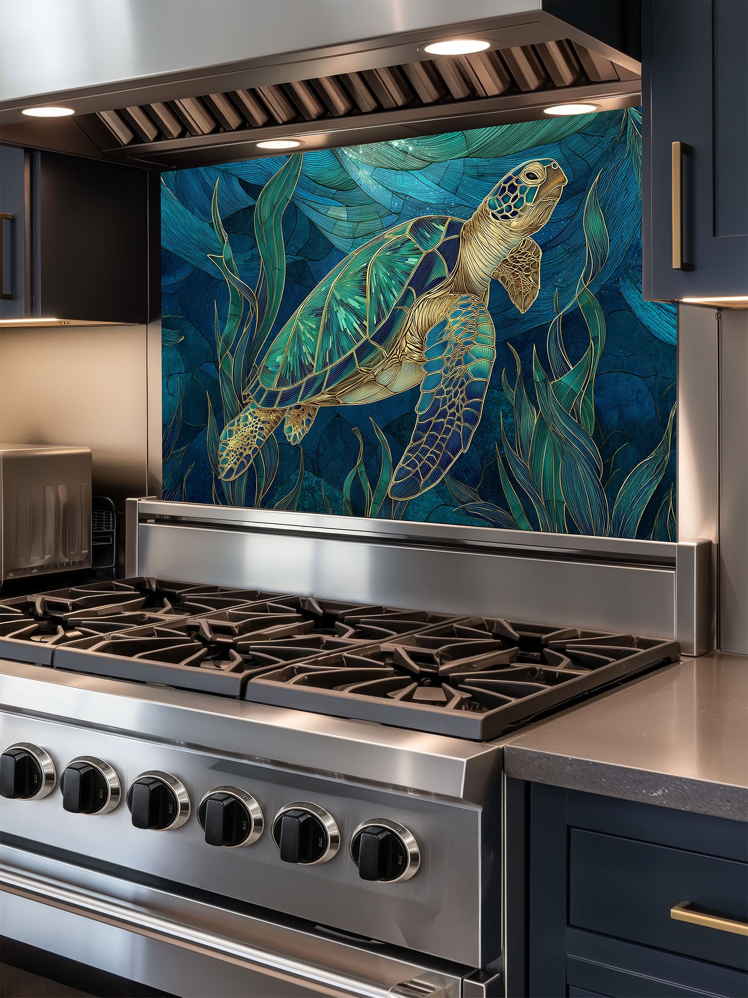 Tempered glass kitchen backsplash featuring an elegant stained glass style sea turtle swimming in deep blue ocean water, installed behind a modern stainless steel stove.
