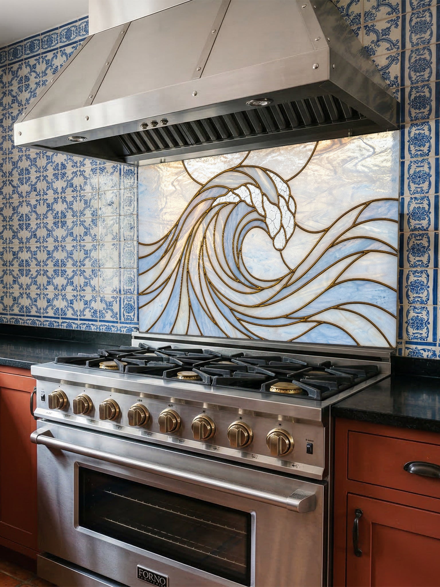 Stainless steel oven with decorative tile backsplash in a kitchen setting