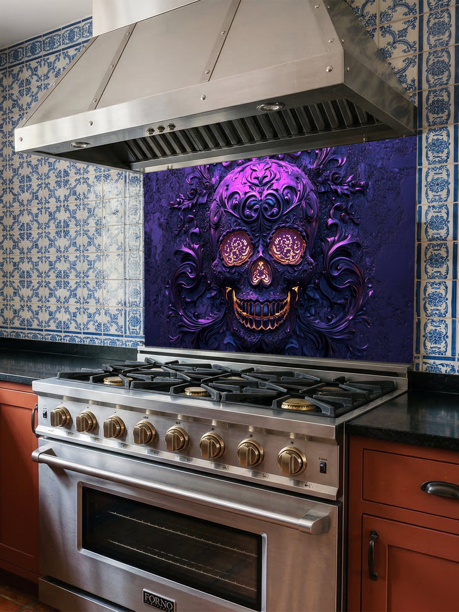 Tempered glass kitchen backsplash featuring a highly realistic 3D illusion of an embossed, intricately carved gothic skull with glowing gold eyes and teeth, surrounded by dark purple baroque filigree swirls, installed behind a modern black stove.