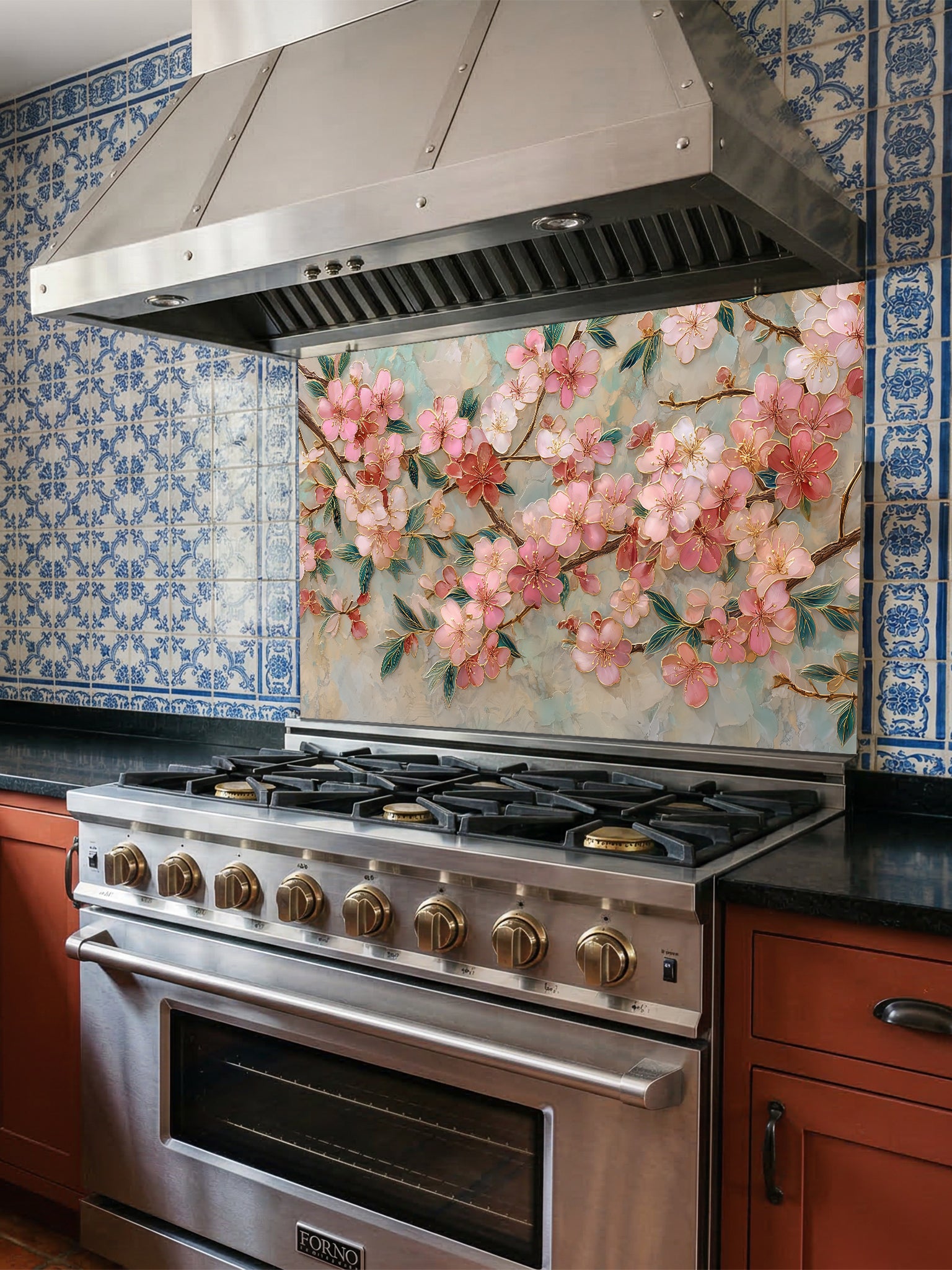 Faux 3D effect glossy pink cherry blossom branches with golden metallic outlines on a soft teal marble background, UV printed on a smooth tempered glass kitchen backsplash.