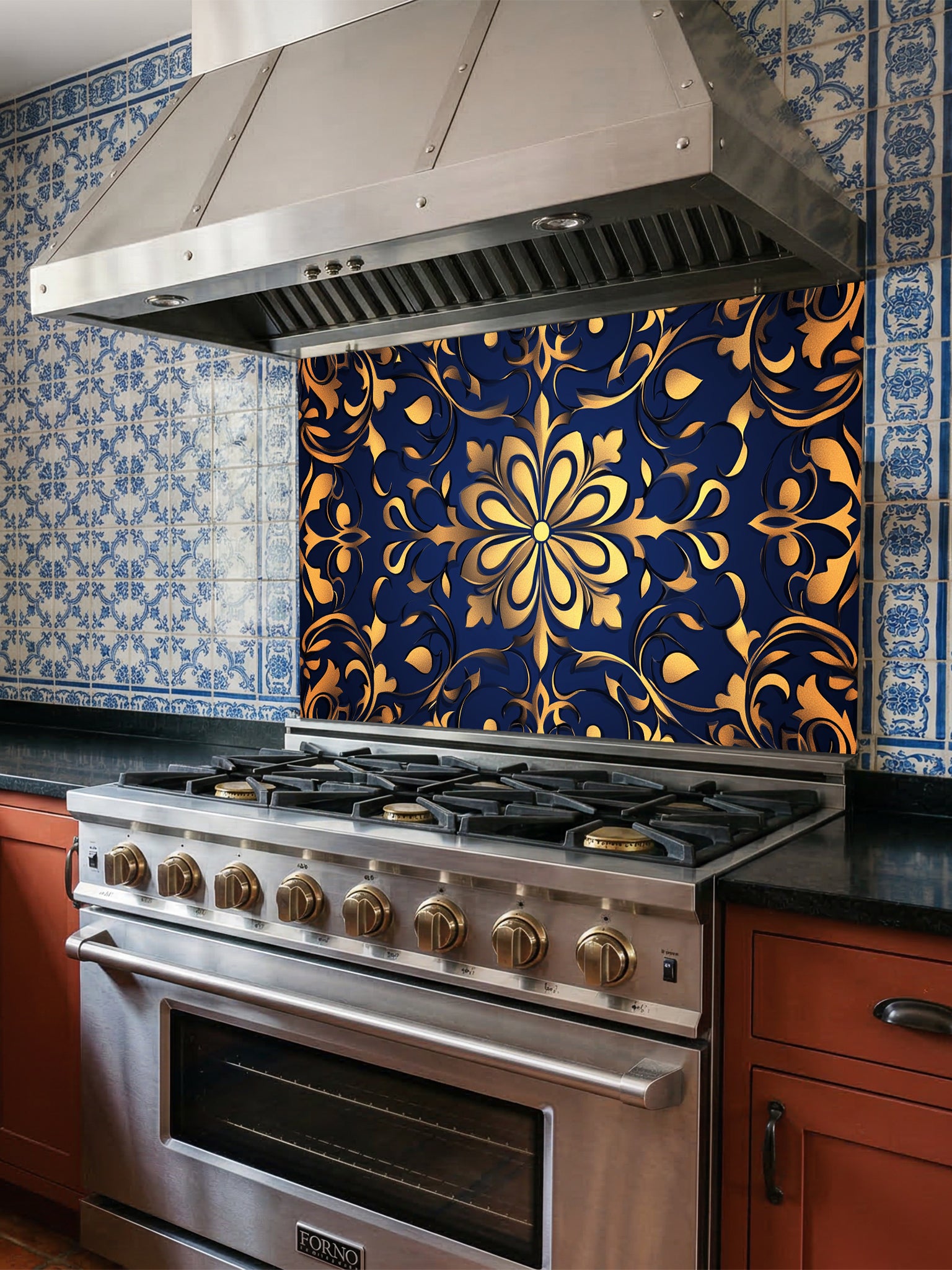 Elegant faux embossed gold damask floral mandala pattern on a deep midnight navy blue background, UV printed on a smooth tempered glass kitchen backsplash.