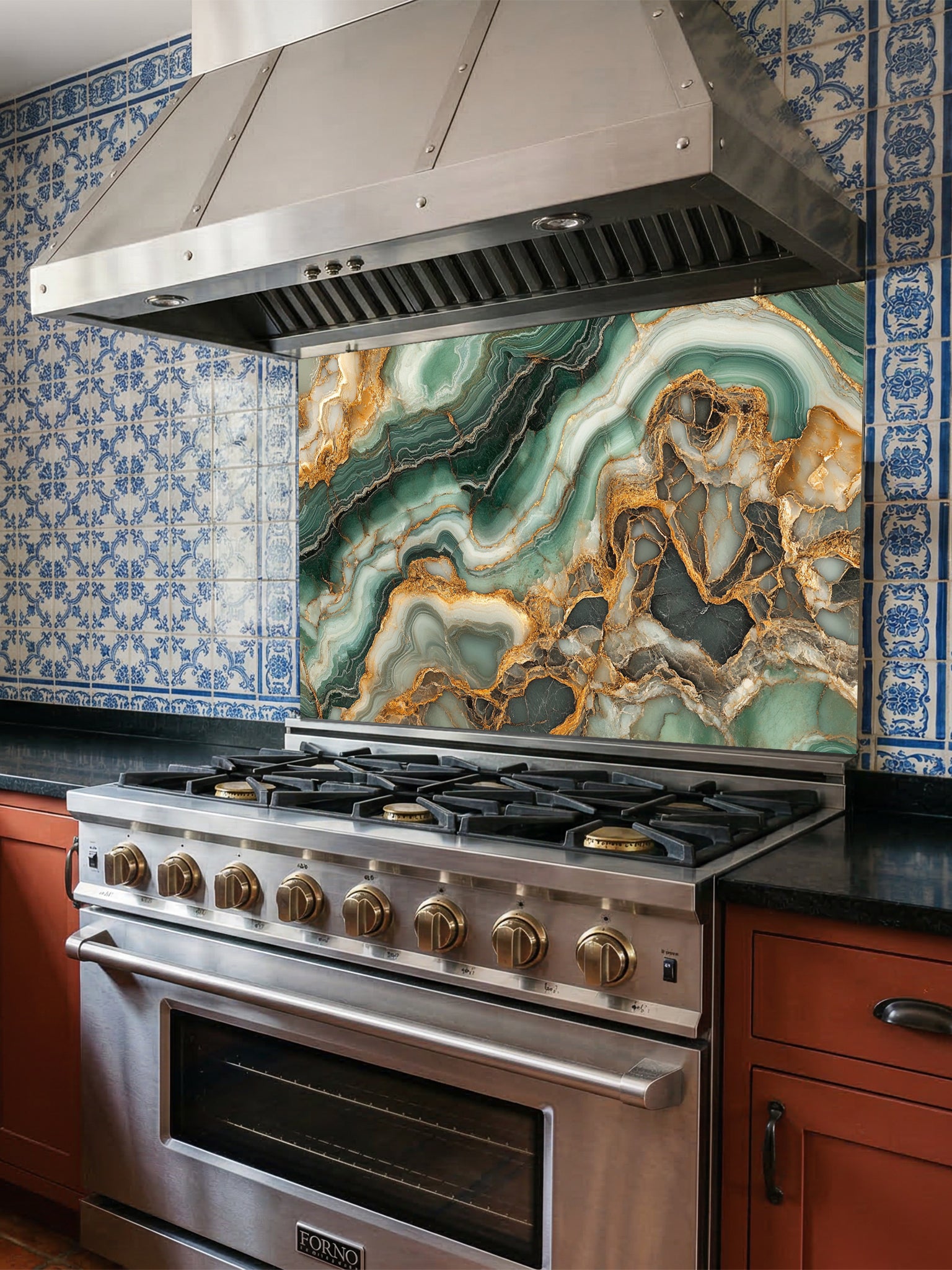 Faux luxury stone slice pattern featuring deep emerald green agate layers and striking gold veins, UV printed on a smooth tempered glass kitchen backsplash.