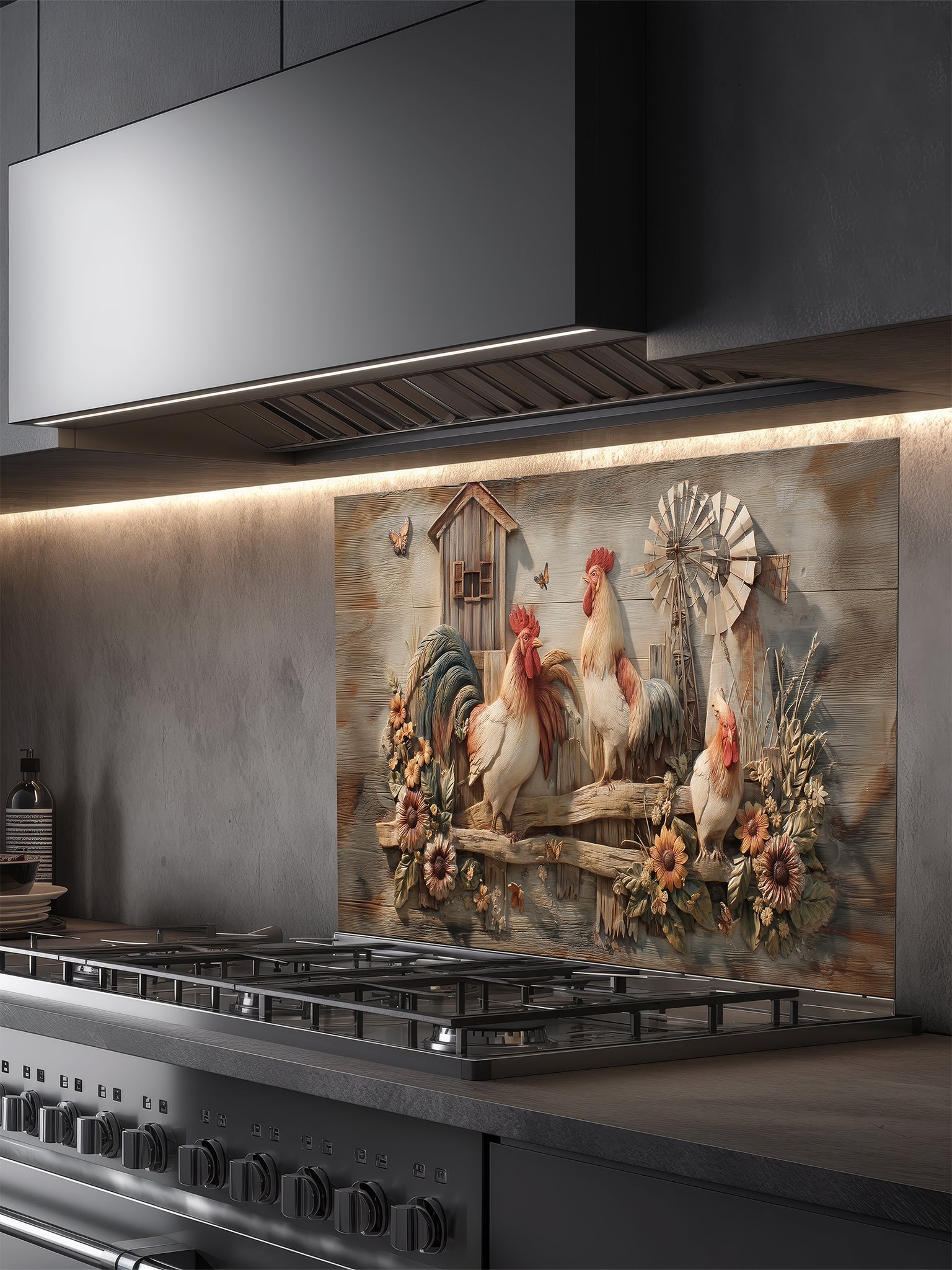 Tempered glass kitchen backsplash featuring a realistic 3D carved wood effect design with roosters, sunflowers, and a windmill, installed behind a modern stainless steel stove.