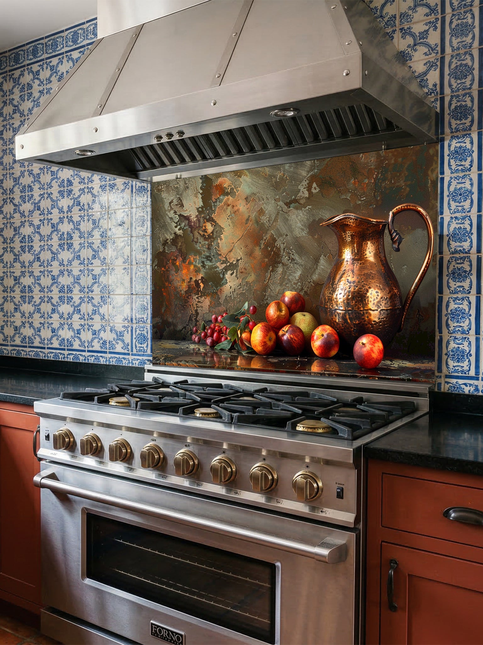 Rustic still life painting of a hammered copper pitcher and fresh fruits against a textured patina metal background, UV printed on a smooth tempered glass kitchen backsplash.