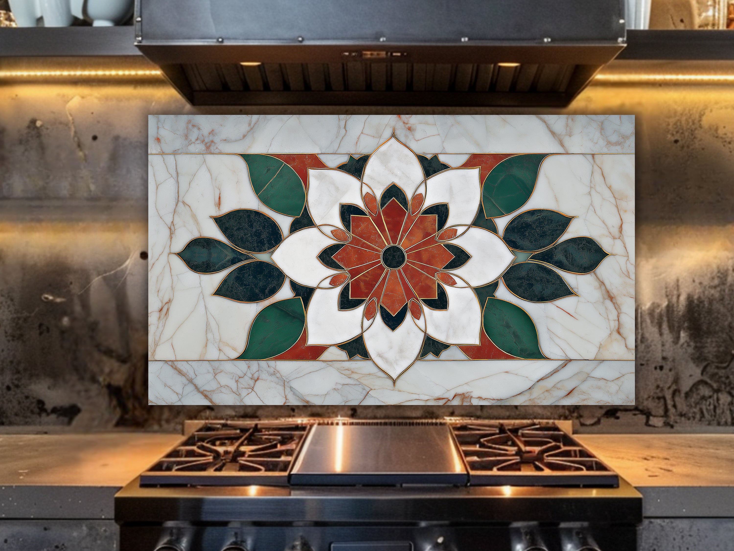 Luxury Marble & Floral Mandala Glass Stove Backsplash | Heat-Resistant Kitchen Splashback