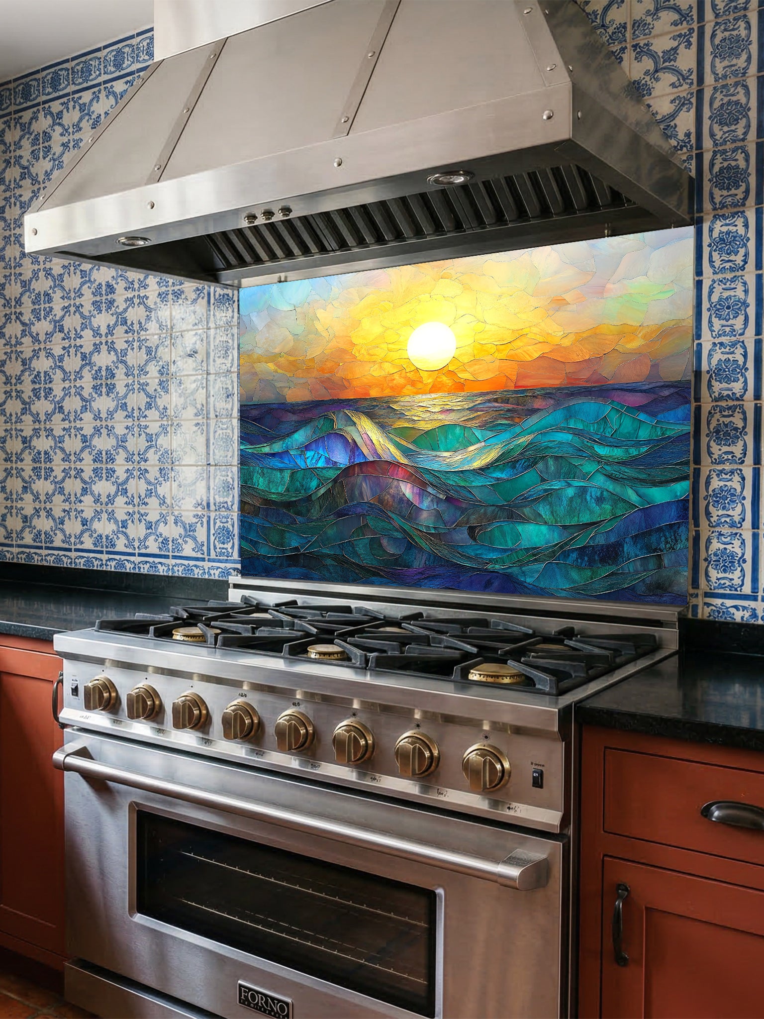 Vibrant sunset and ocean waves stained glass effect UV printed on a tempered glass backsplash, installed behind a modern black kitchen stove.