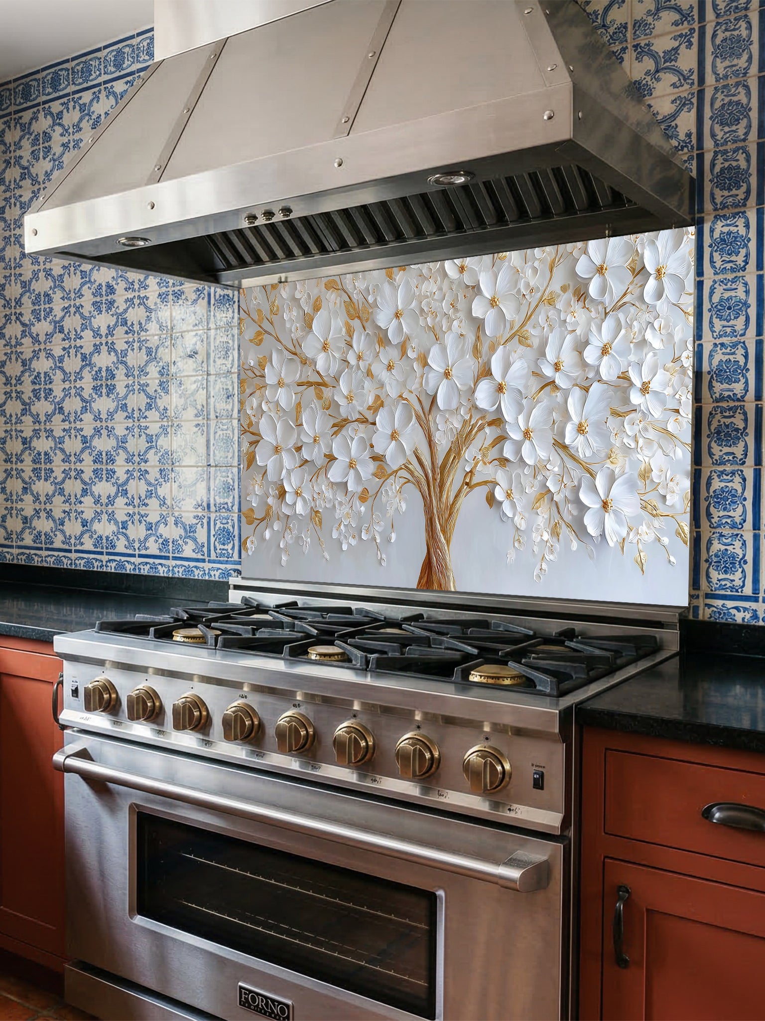 Faux 3D impasto style painting of a white floral tree with heavy gold accents on a crisp white background, UV printed on a smooth tempered glass kitchen backsplash.