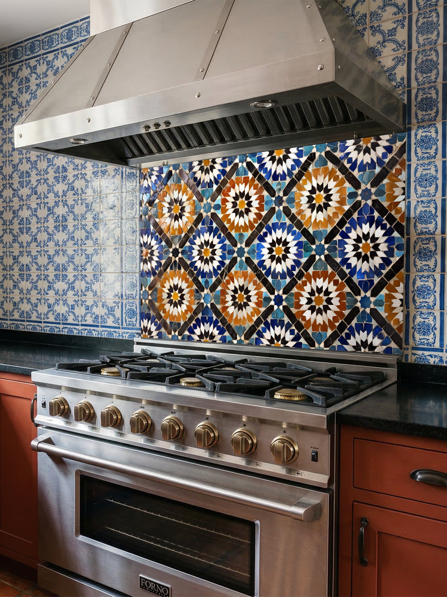 Stainless steel oven with decorative tile backsplash in a kitchen setting