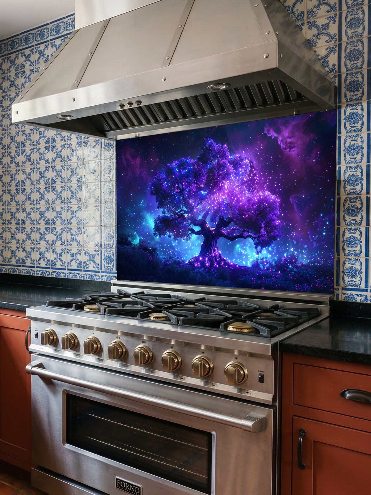 Glowing purple and blue cosmic tree of life against a starry nebula galaxy background, UV printed on a smooth tempered glass kitchen backsplash.