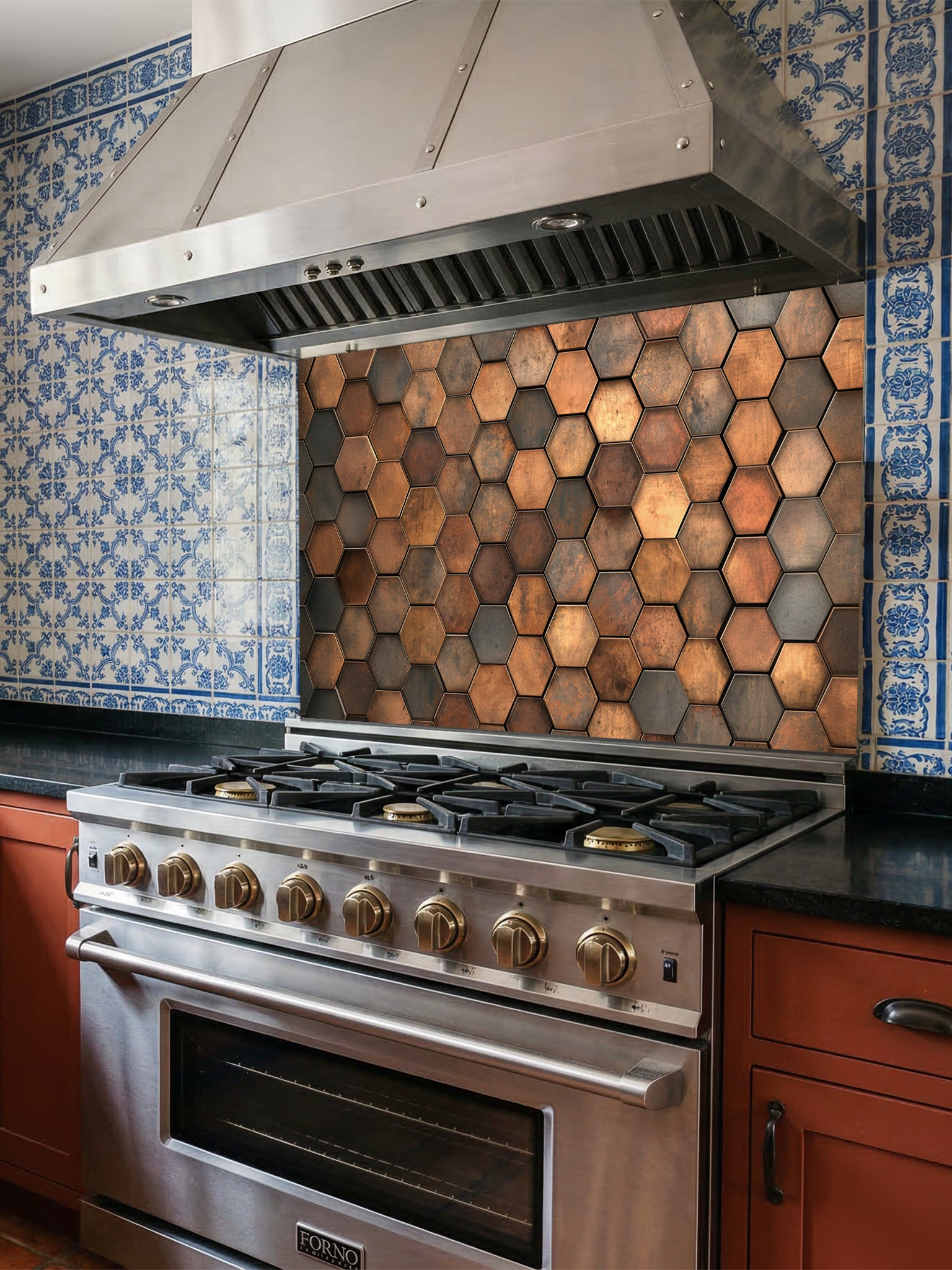 Faux 3D industrial metal hexagon honeycomb tile pattern in rustic copper and bronze tones, UV printed on a smooth tempered glass kitchen backsplash.