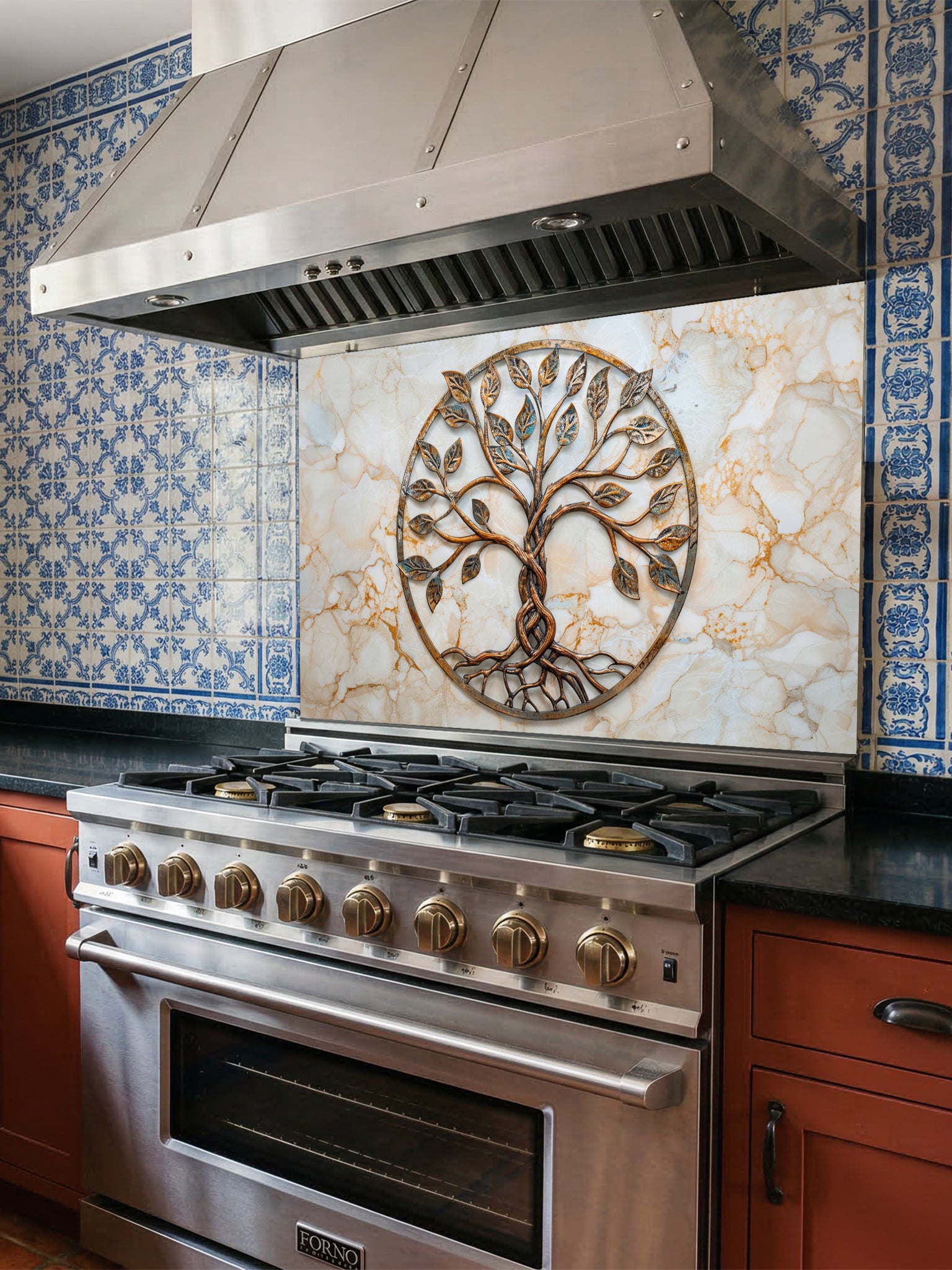 Faux 3D effect weathered rustic bronze and copper Tree of Life sculpture with patina accents on a warm cream marble background, UV printed on a smooth tempered glass kitchen backsplash, installed behind a modern stove.