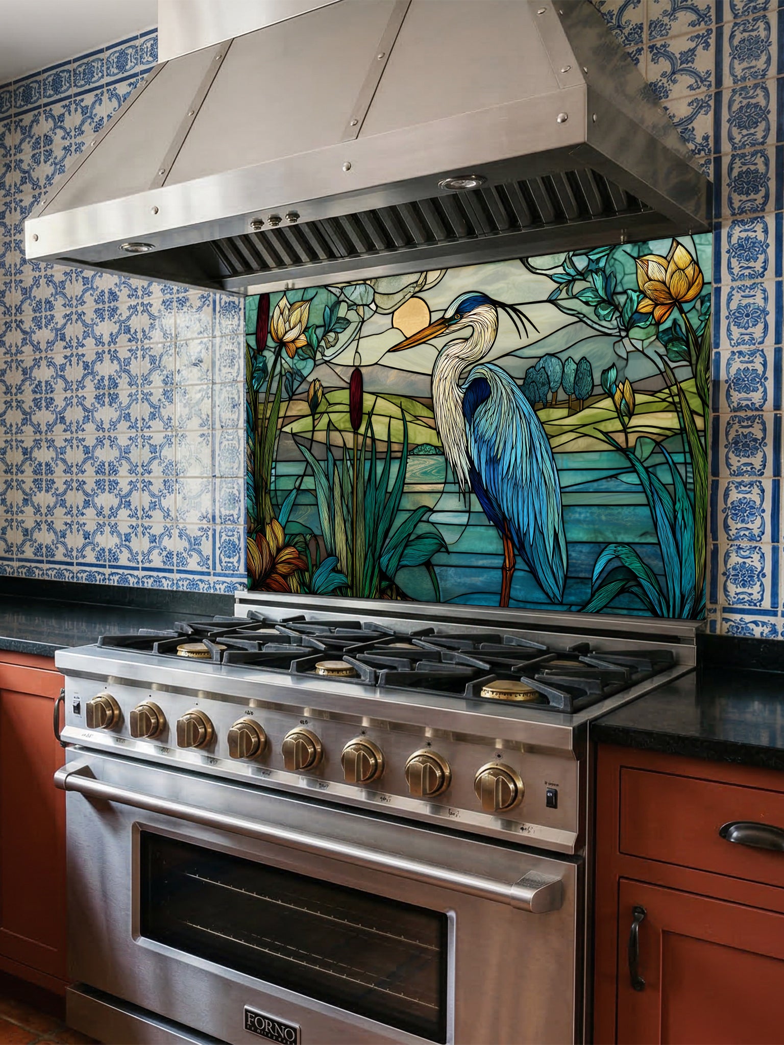 Stainless steel oven with stained glass backsplash featuring a heron and floral design.