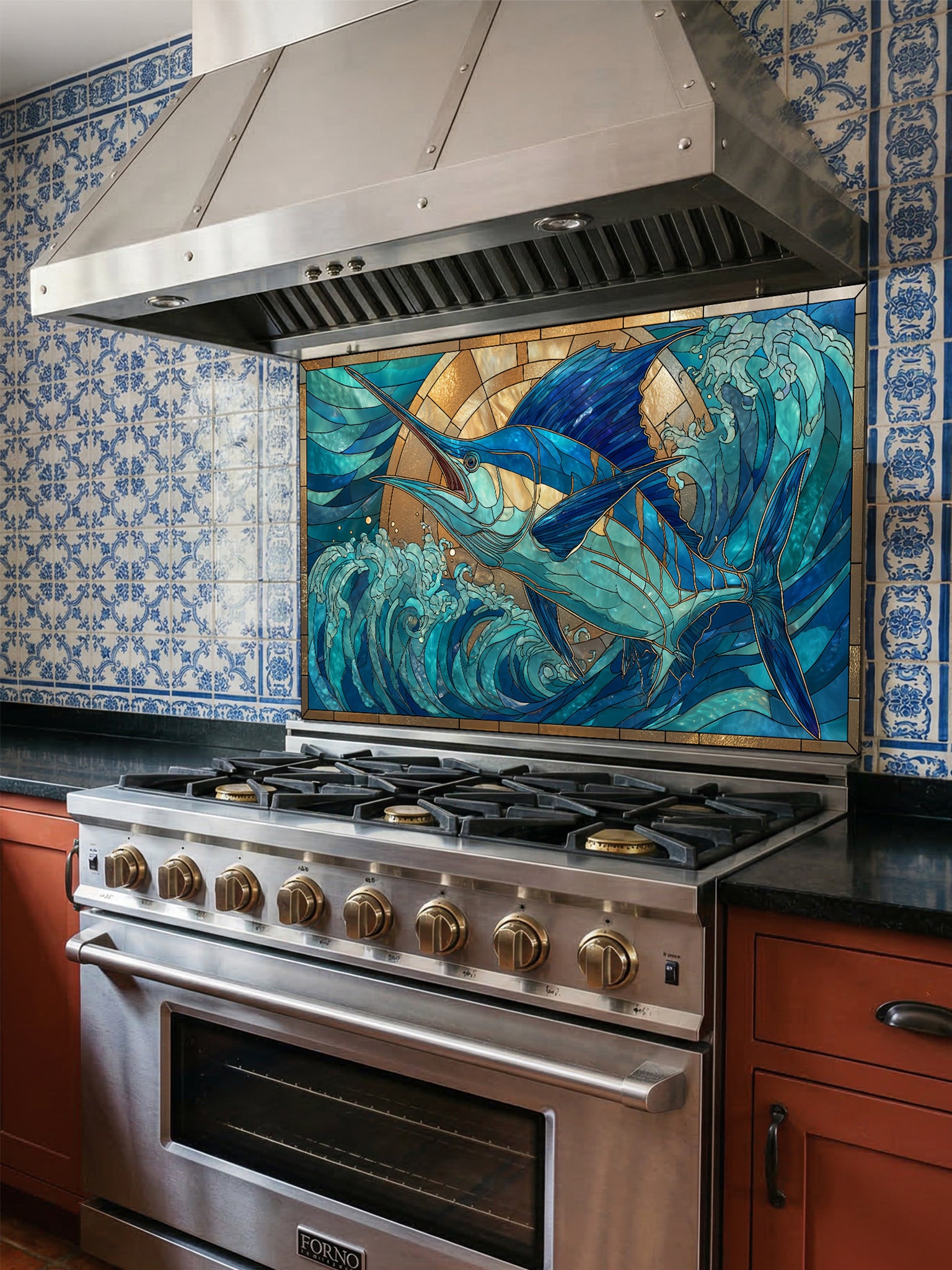 Tempered glass kitchen backsplash featuring a vibrant faux stained glass design of a majestic blue marlin leaping out of teal ocean waves against a glowing golden sunburst background, installed behind a modern stainless steel stove.
