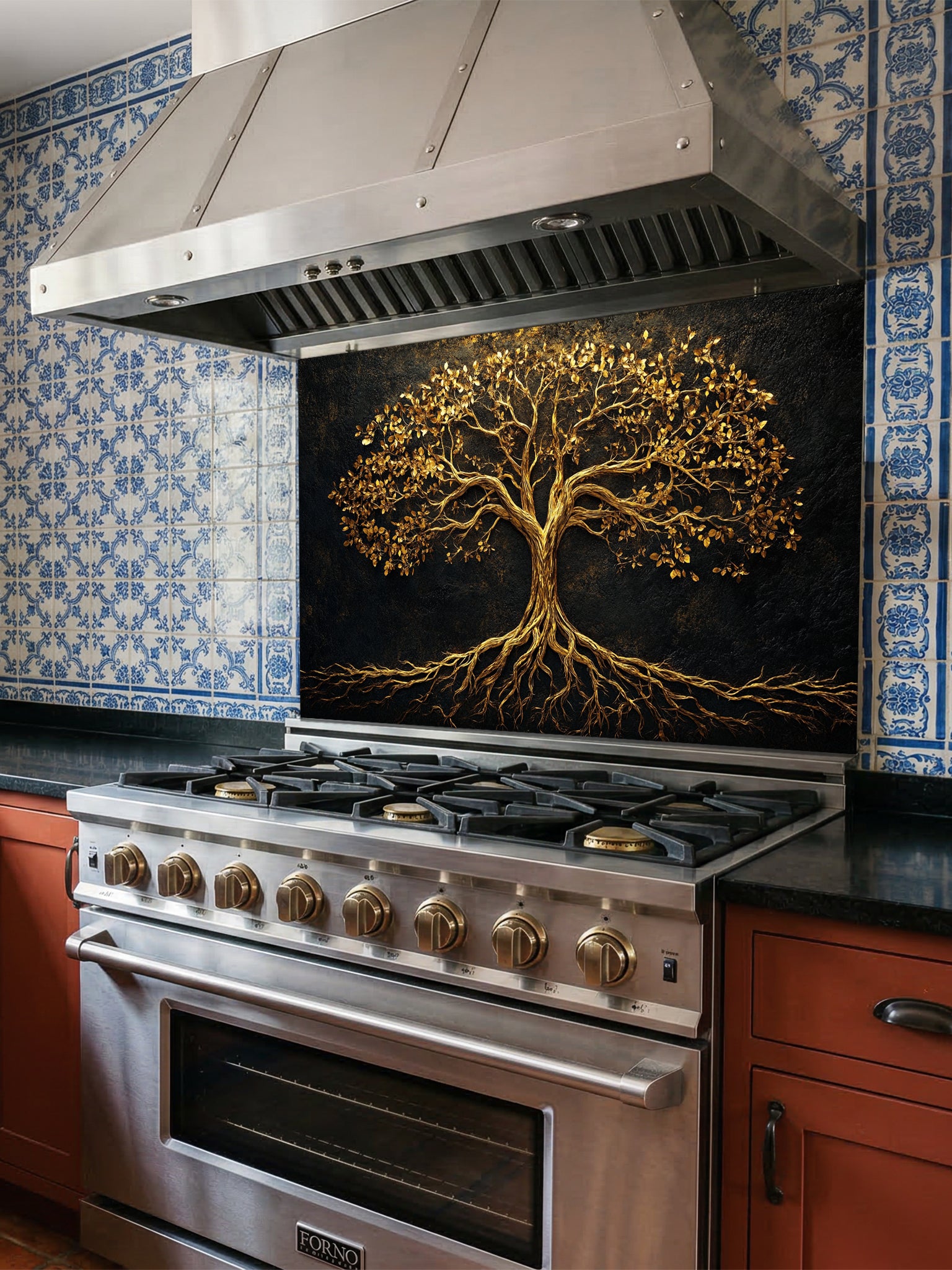Abstract luxury fine art style Tree of Life featuring faux gold leaf and metallic textures, UV printed on a smooth tempered glass kitchen backsplash.
