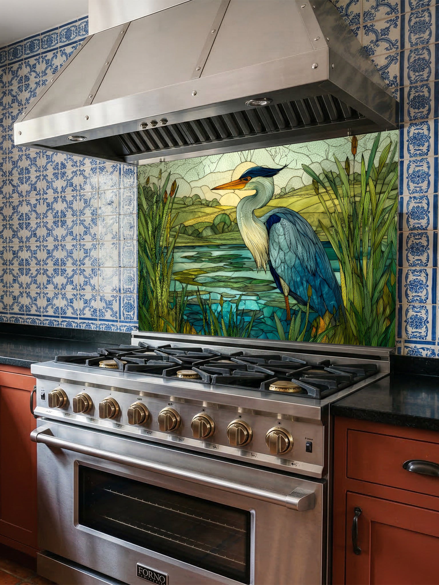 Tempered glass kitchen backsplash featuring a highly realistic 3D illusion of stained glass art showing a majestic blue heron standing in a serene wetland marsh with green cattails and a tranquil lake, installed behind a modern stainless steel stove.