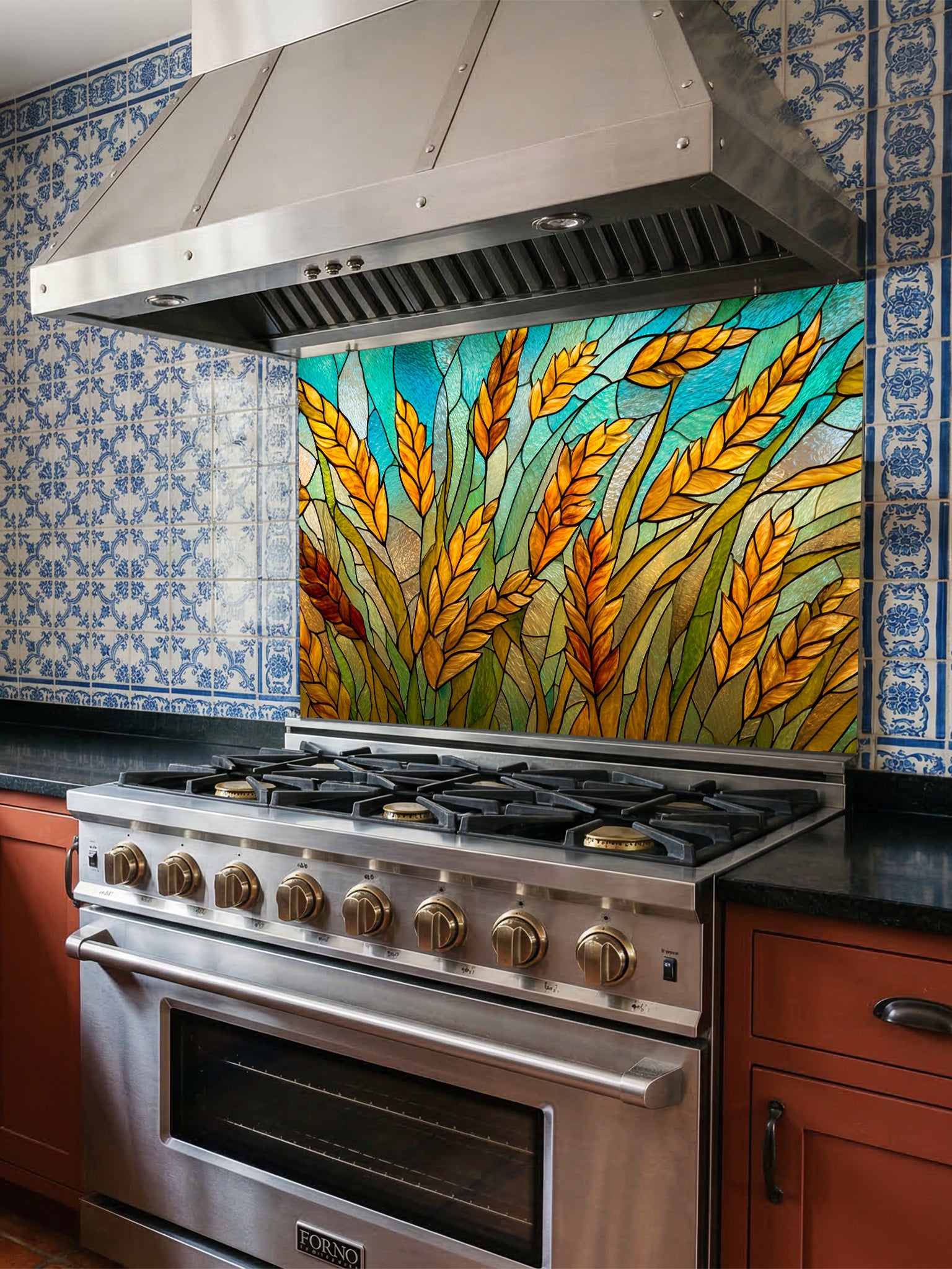 Tempered glass kitchen backsplash featuring a highly realistic 3D illusion of stained glass art showing golden amber wheat stalks swaying against a vibrant teal and turquoise sky with black faux lead lines, installed behind a modern black stove.