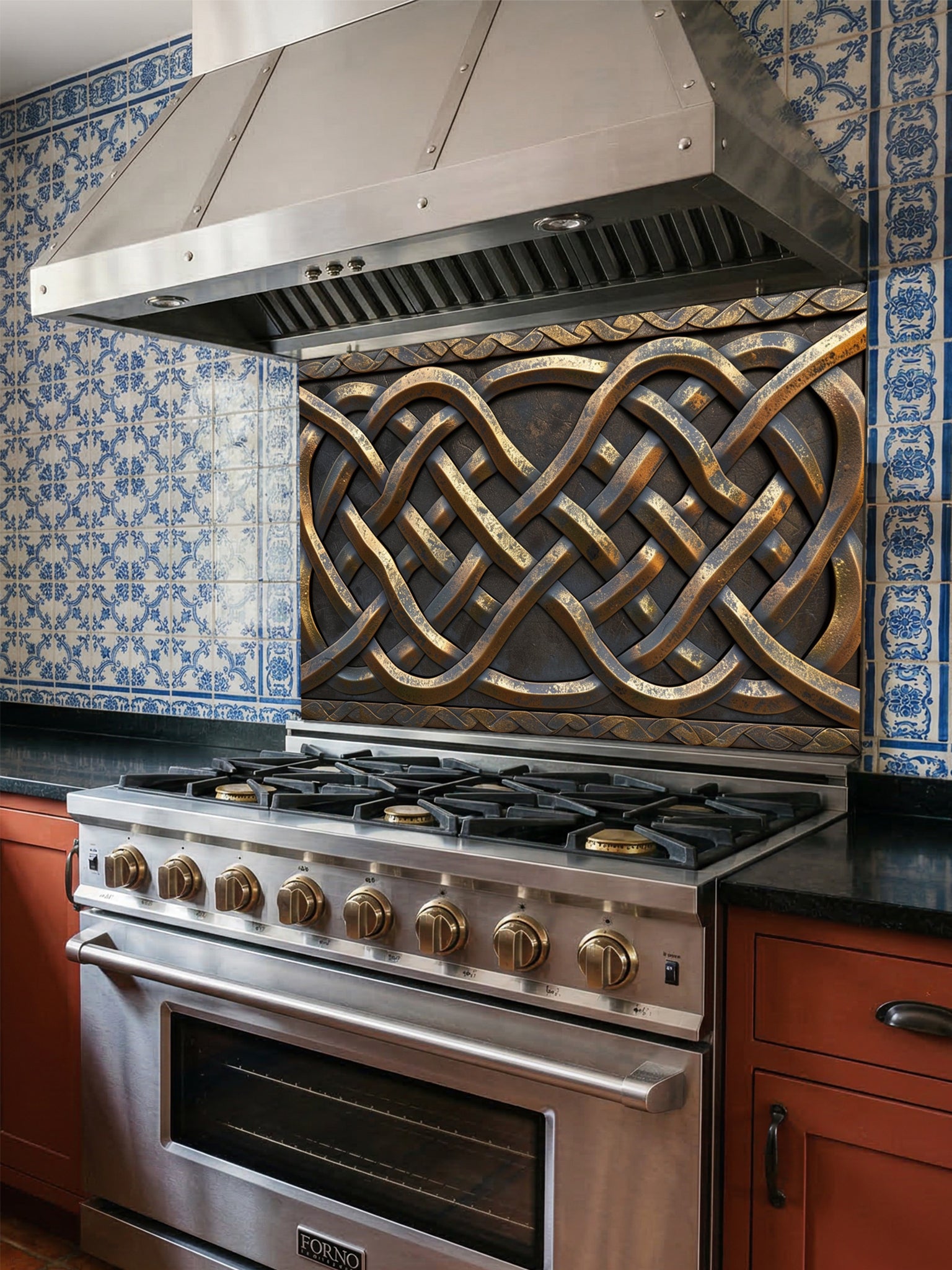 Tempered glass kitchen backsplash featuring a highly realistic 3D faux metal design of intricate interlaced Celtic knots in antique bronze and dark iron tones, installed behind a modern stainless steel stove.