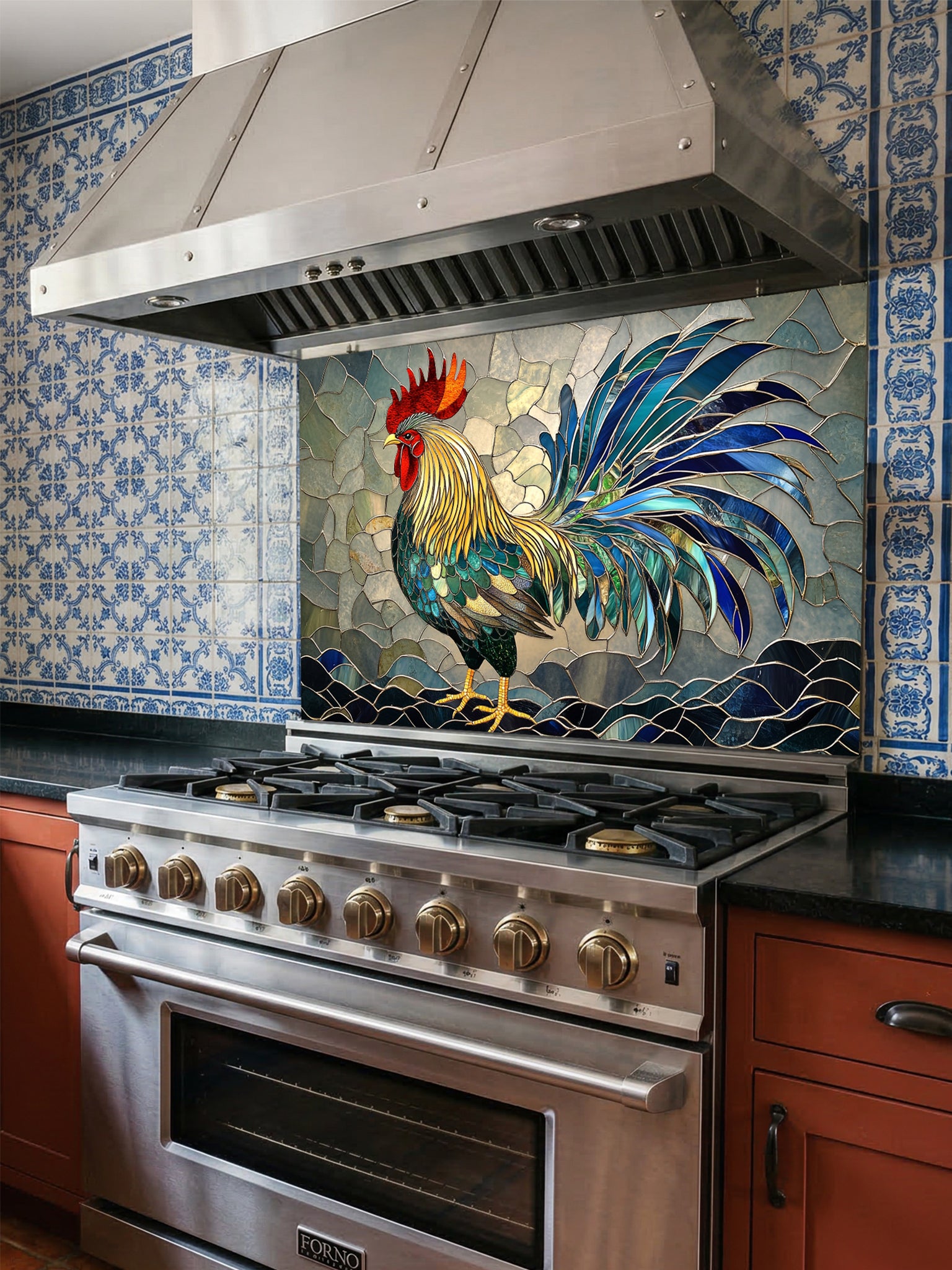 Tempered glass kitchen backsplash featuring a vibrant faux stained glass design of a majestic rooster in rich blues, greens, yellows, and reds, installed behind a modern stainless steel stove.