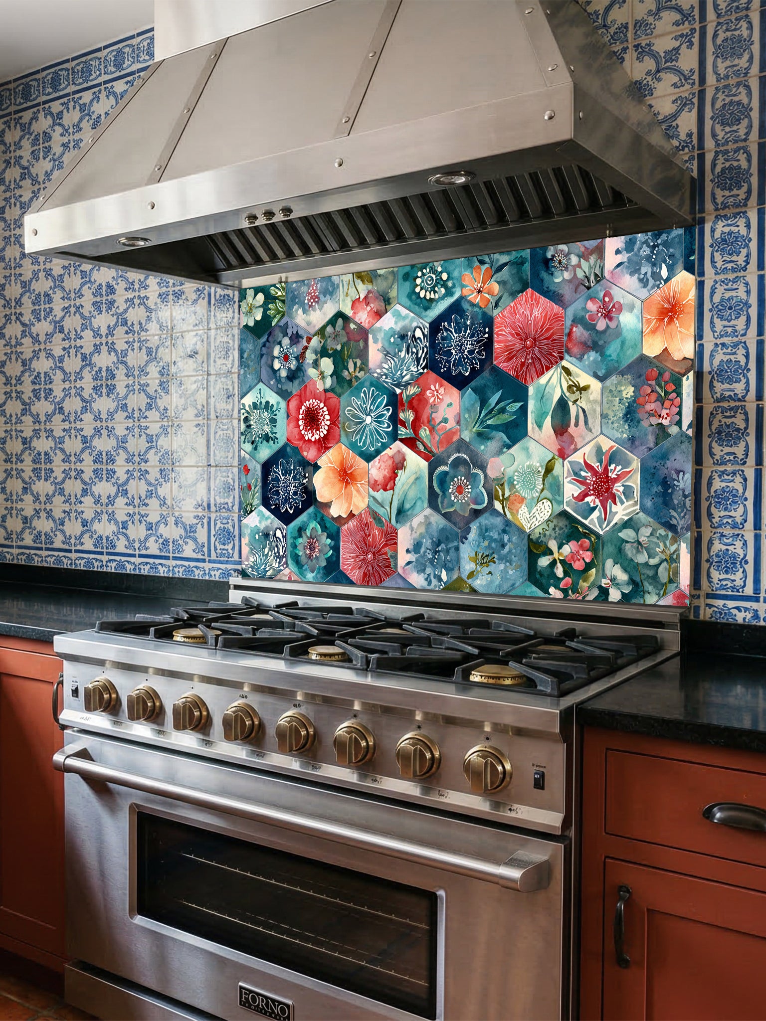Tempered glass kitchen backsplash featuring a highly realistic illusion of geometric hexagon tiles showcasing delicate, hand-painted style watercolor floral patterns in navy blue, teal, coral red, and peach, installed behind a modern black stove.