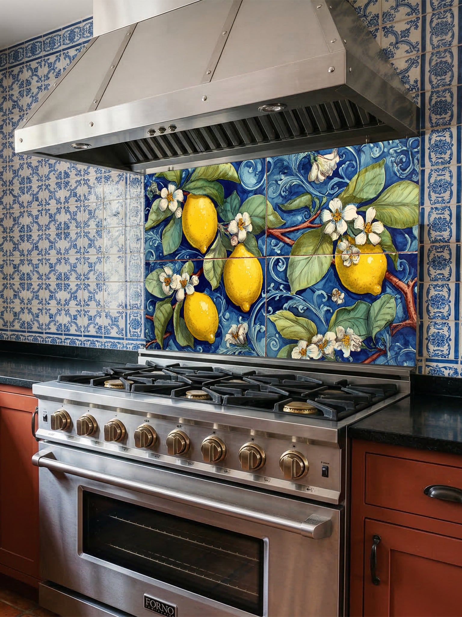 Tempered glass kitchen backsplash featuring a highly realistic illusion of a large four-panel traditional hand-painted Italian Majolica ceramic tile mural, showcasing bright yellow lemons and white blossoms against a deep cobalt blue background with intricate scrollwork, installed behind a modern black stove.