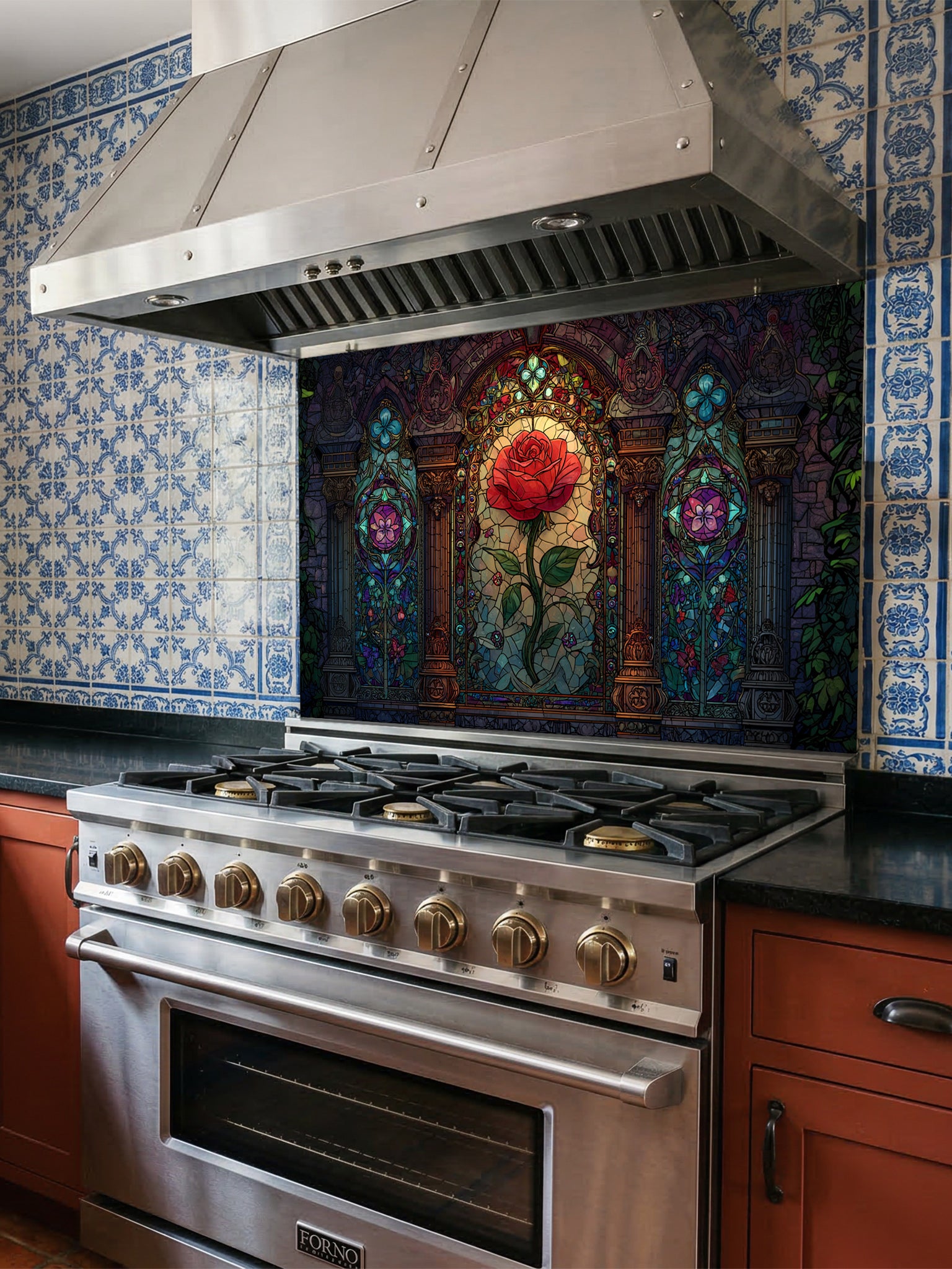 Stained glass style vibrant red rose framed by Gothic architectural arches in rich jewel tones, UV printed on a smooth tempered glass kitchen backsplash, installed behind a modern stove.