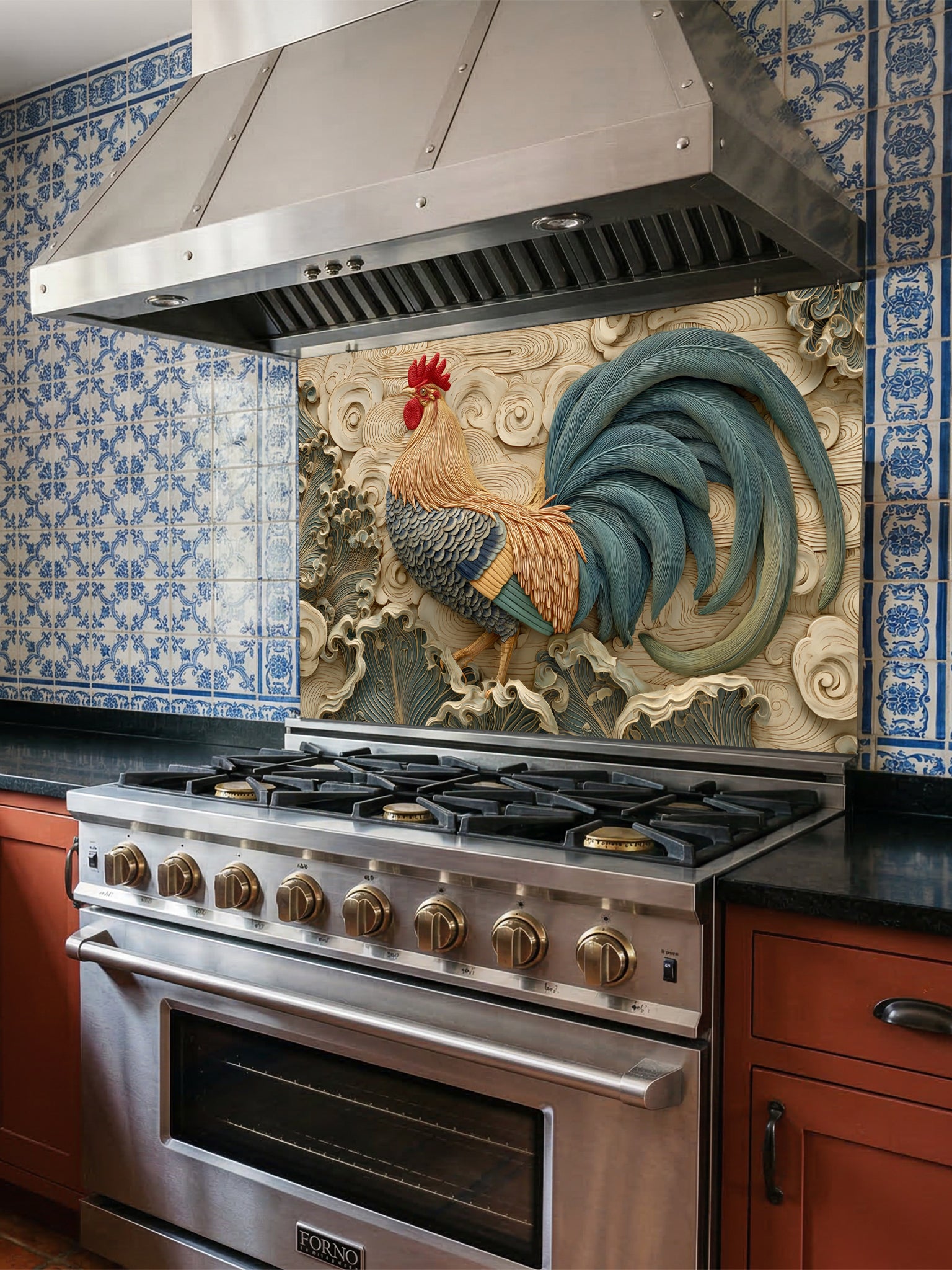 Tempered glass kitchen backsplash featuring a highly realistic 3D illusion of an intricately carved bas-relief sculpture showing a proud rooster with teal and amber feathers against a dynamic background of flowing, stylized swirling clouds and wind motifs in warm cream tones, installed behind a modern black stove.