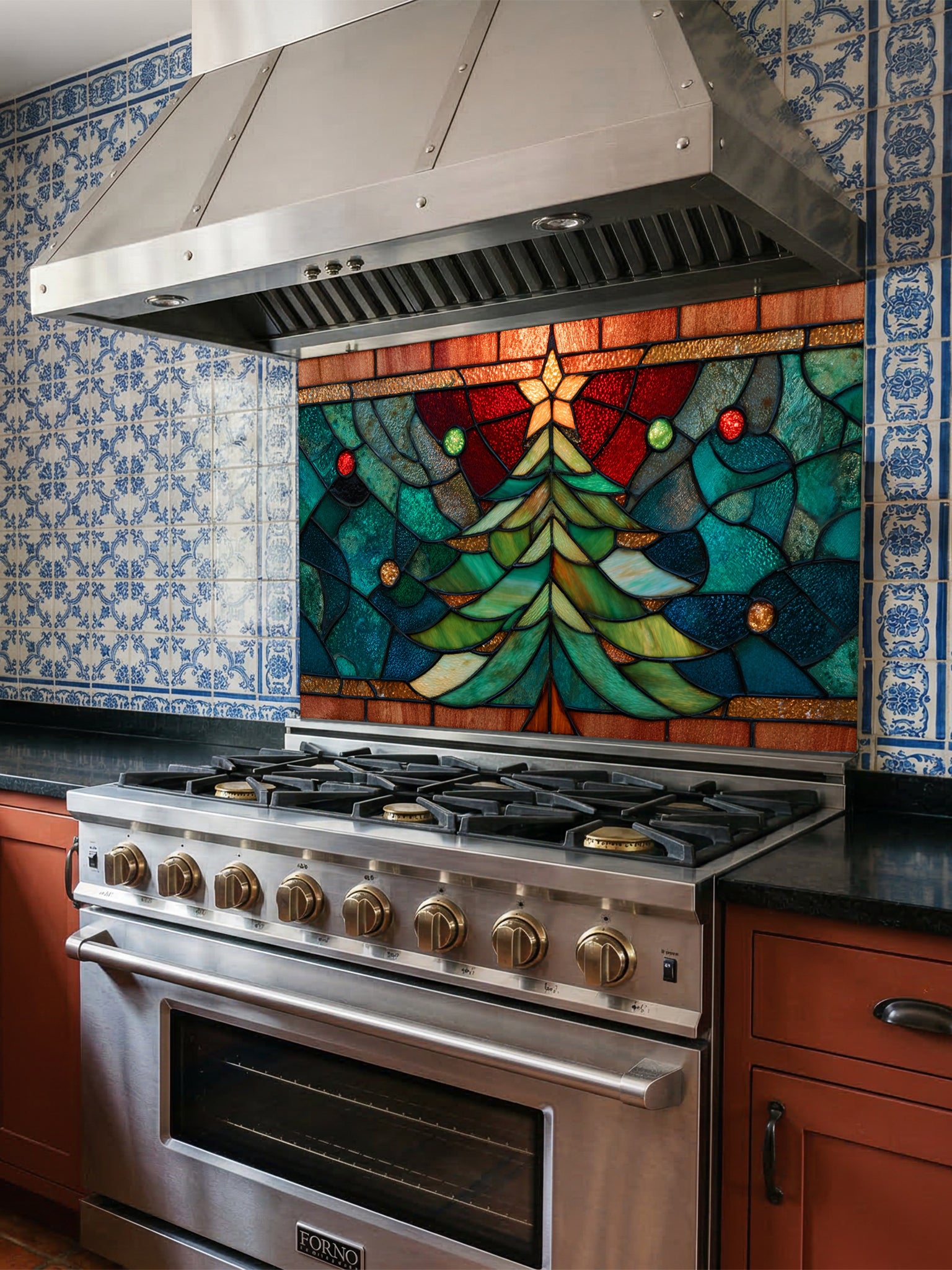 Tempered glass kitchen backsplash featuring a highly realistic 3D illusion of stained glass art showing a festive evergreen Christmas tree decorated with red ornaments and a glowing gold star against a warm amber and blue background, installed behind a modern black stove.