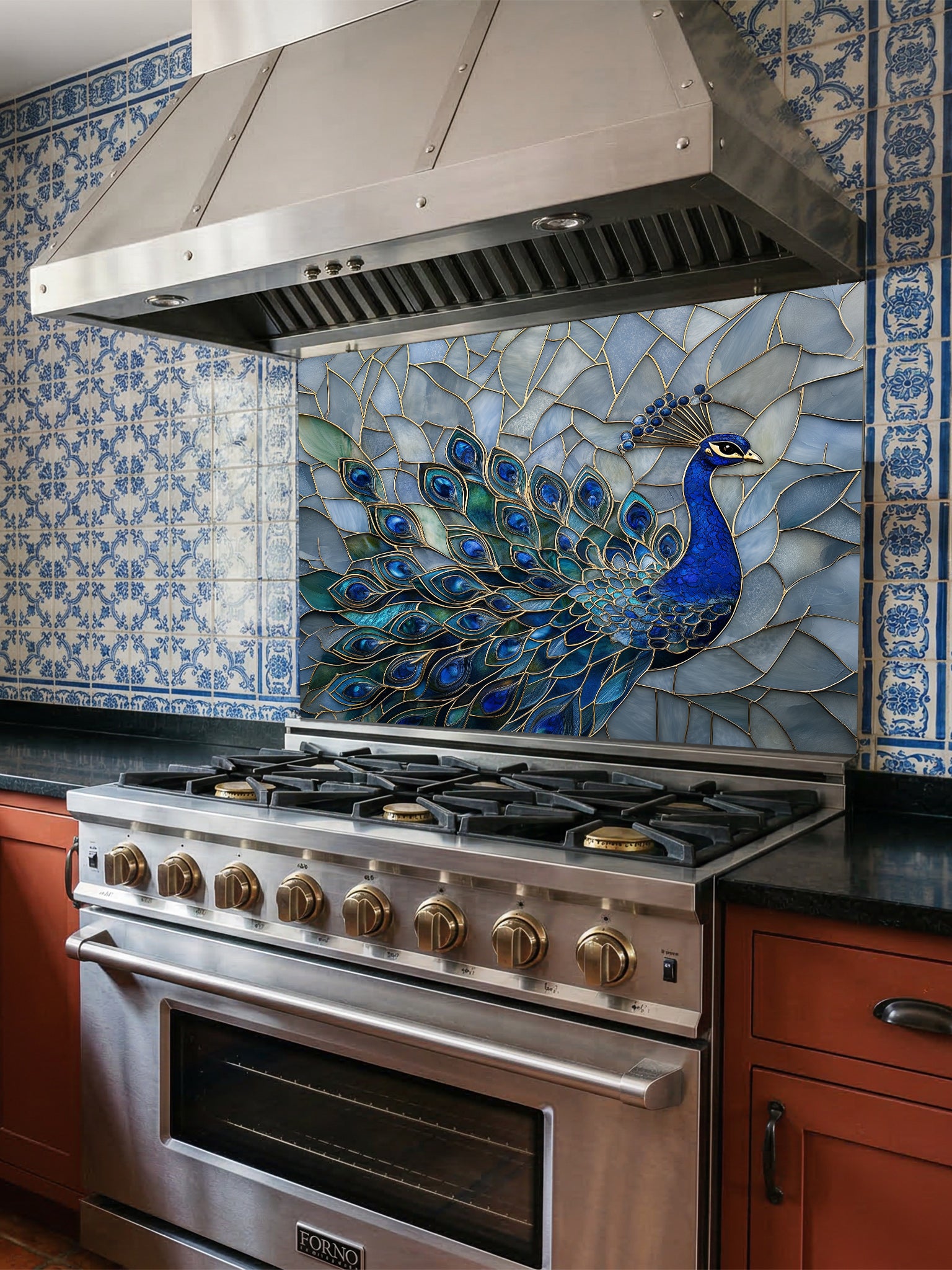 Tempered glass kitchen backsplash featuring a highly realistic 3D illusion of a stained glass mosaic showing a regal royal blue peacock with elegant gold outlines against an icy blue background, installed behind a modern stainless steel stove.