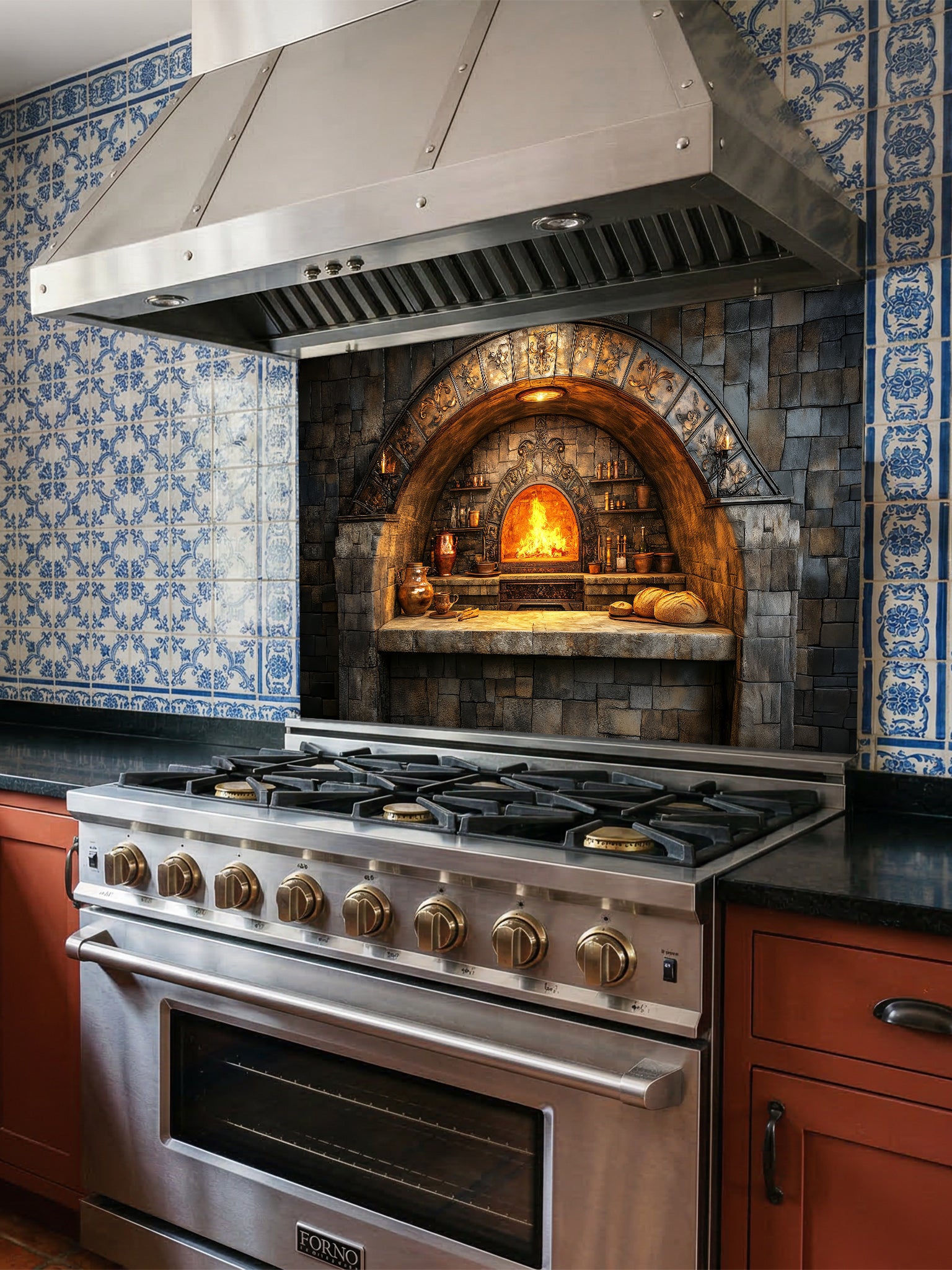 Stainless steel oven with a pizza oven above it in a kitchen with decorative glass backsplash.