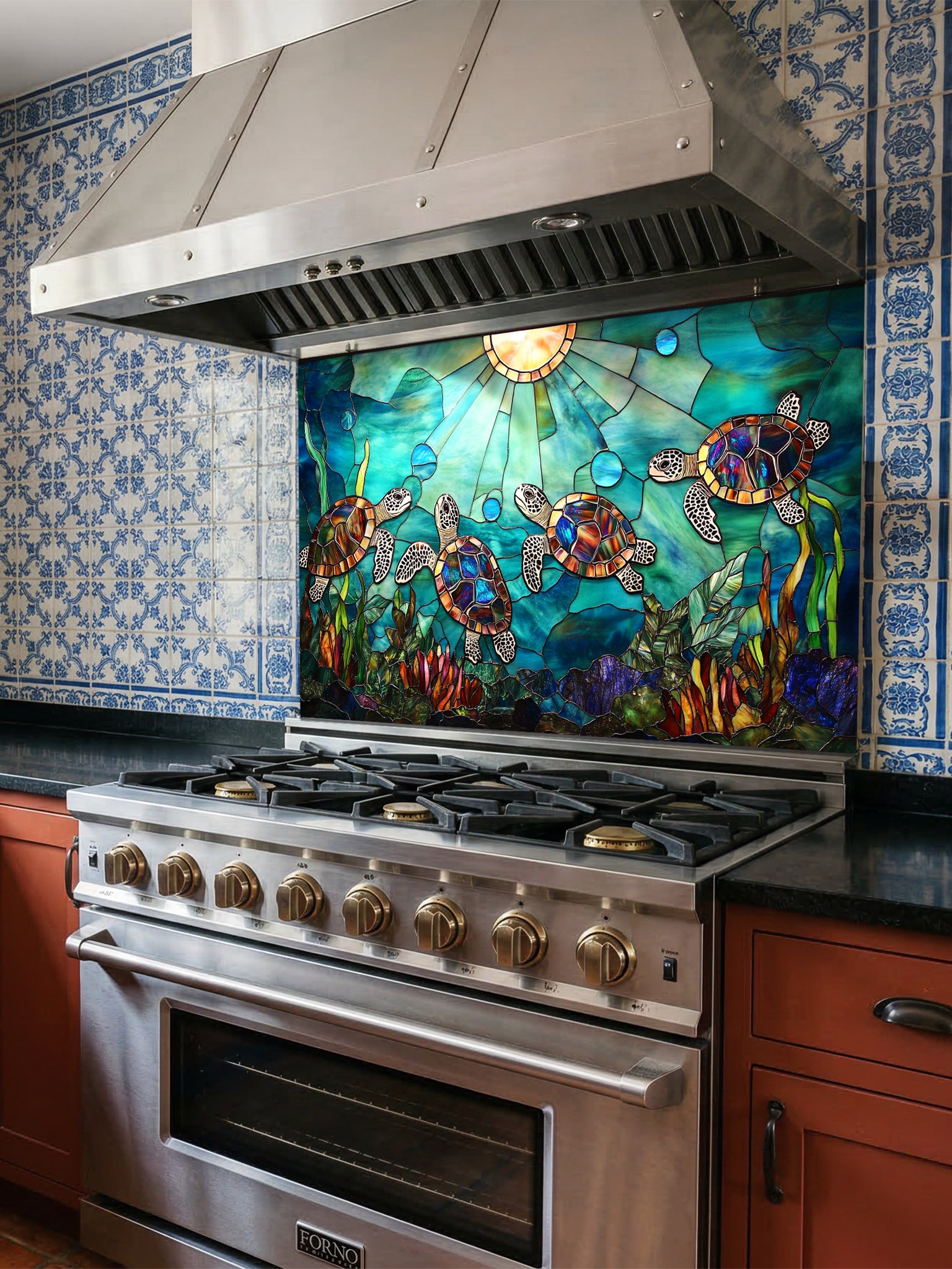 Stained glass style sea turtles swimming in vibrant blue ocean waters with sun rays, UV printed on a smooth tempered glass kitchen backsplash, installed behind a modern stove.
