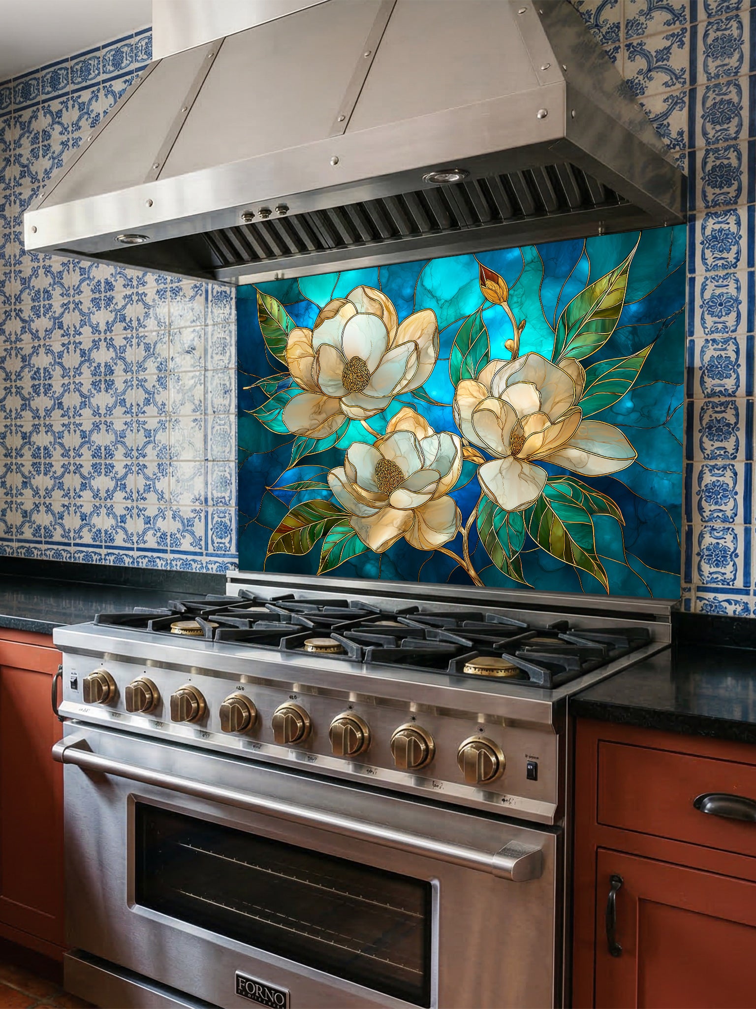 Tempered glass kitchen backsplash featuring a highly realistic 3D illusion of stained glass art showing elegant white magnolia blossoms with gold outlines against a swirling deep blue and teal background, installed behind a modern stainless steel stove.