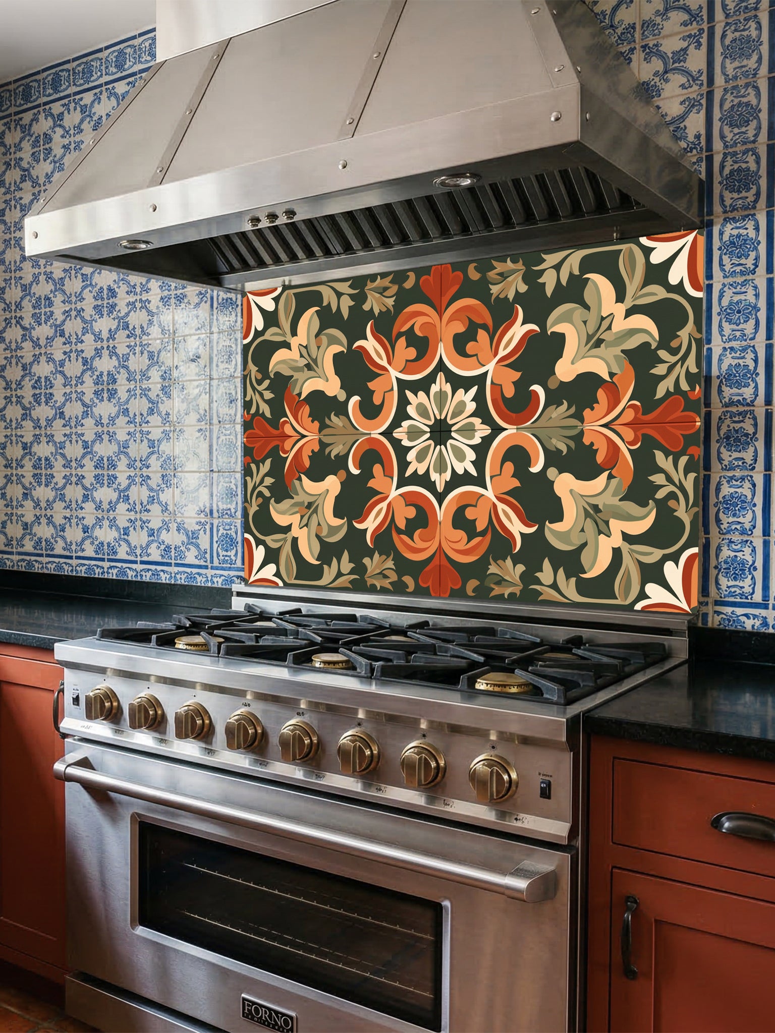 Vintage style Moroccan tile pattern featuring terracotta orange and cream botanical scrollwork on a deep forest green background, UV printed on a smooth tempered glass kitchen backsplash.