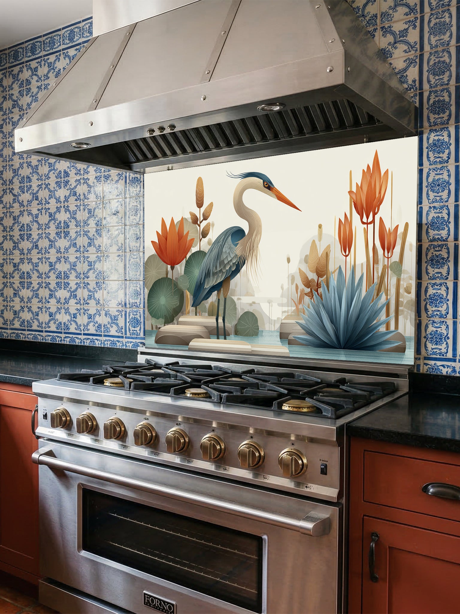 Tempered glass kitchen backsplash featuring a crisp, modern minimalist flat illustration of a grey heron standing among geometric teal lotus leaves, smooth river stones, and tall orange architectural flowers against a smooth cream background, installed behind a modern black stove.