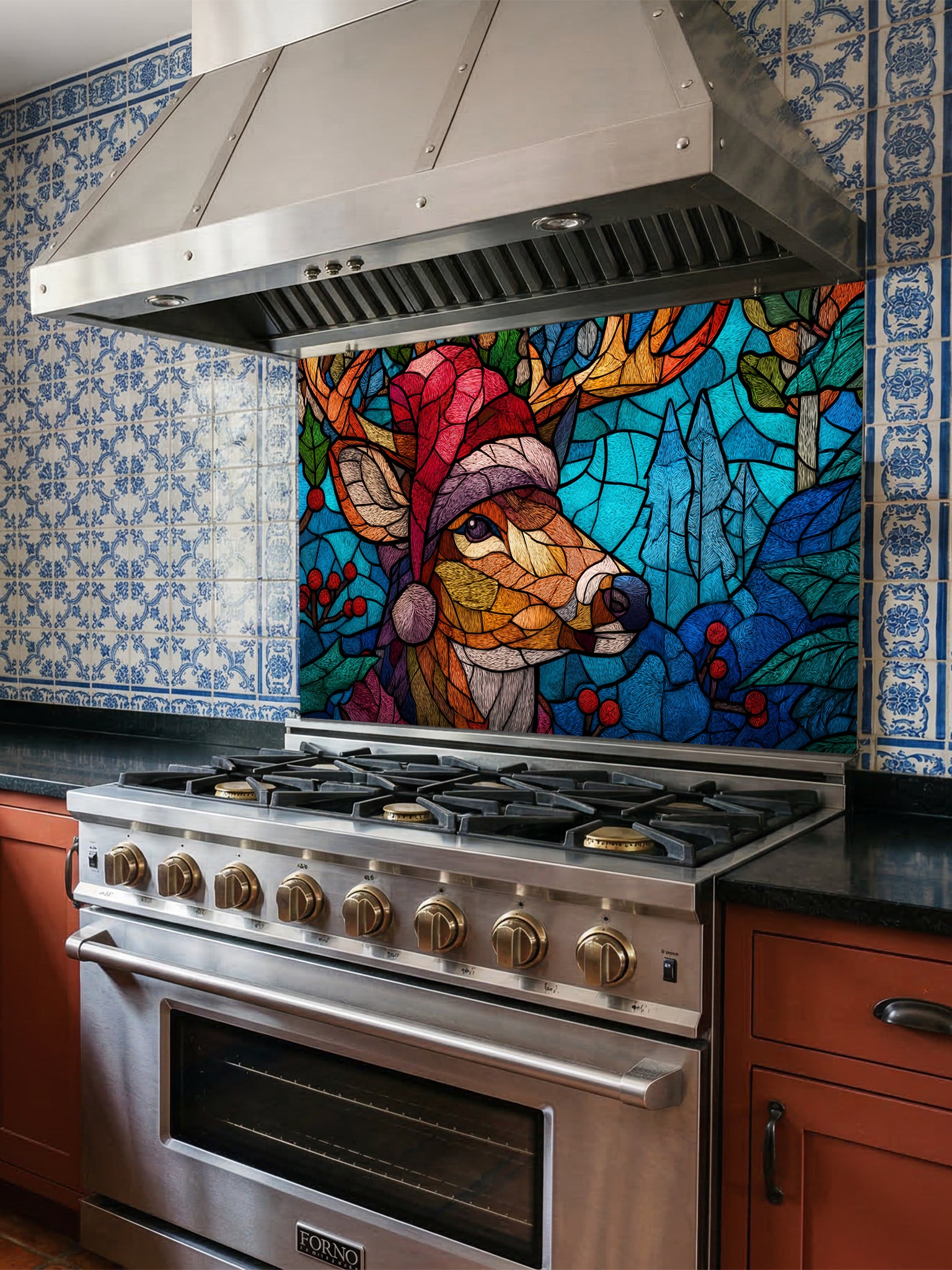 Tempered glass kitchen backsplash featuring a highly realistic 3D illusion of stained glass and mosaic art showing a festive reindeer wearing a red Santa hat in a frosty blue winter forest with holly berries, installed behind a modern black stove.