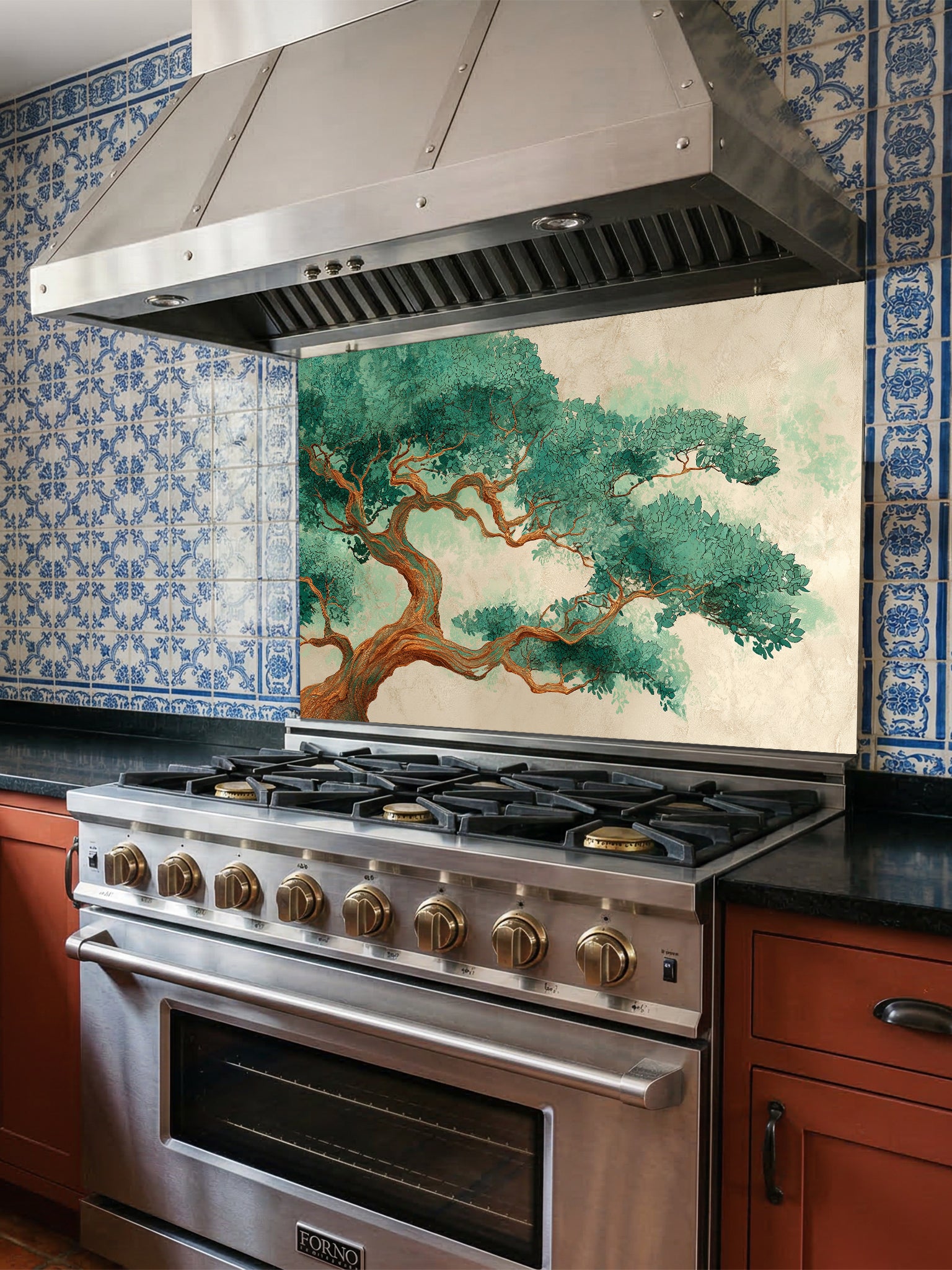 Traditional Asian art style illustration of an ancient bonsai pine tree with lush green needles on a textured beige background, UV printed on a smooth tempered glass kitchen backsplash.