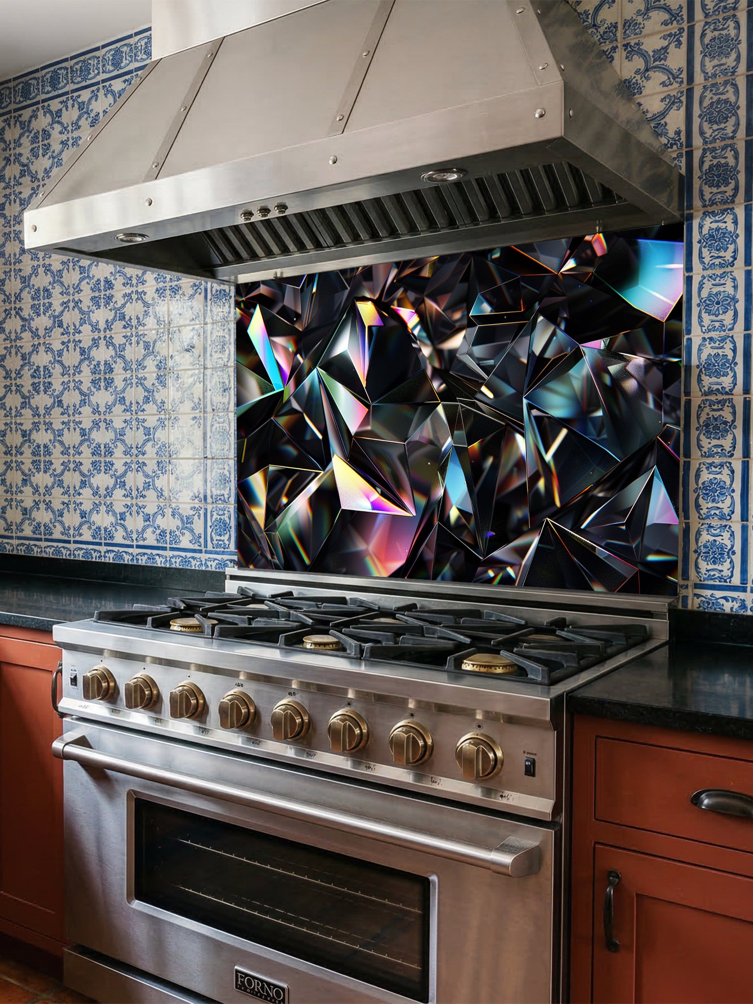 Faux 3D effect dark geometric crystal facets with iridescent rainbow edges, UV printed on a smooth tempered glass kitchen backsplash, installed behind a modern stove.