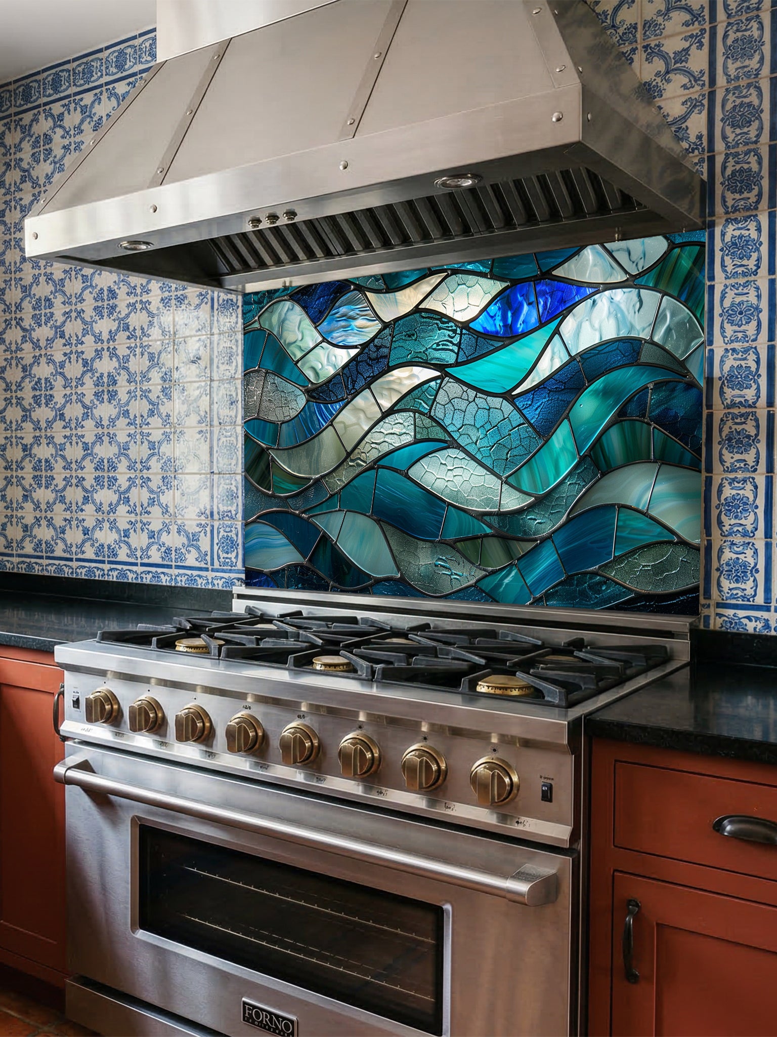 Tempered glass kitchen backsplash featuring a highly realistic 3D illusion of stained glass or sea glass art showing flowing, overlapping ocean waves in vibrant translucent shades of sapphire blue, teal, and aquamarine, installed behind a modern black stove.