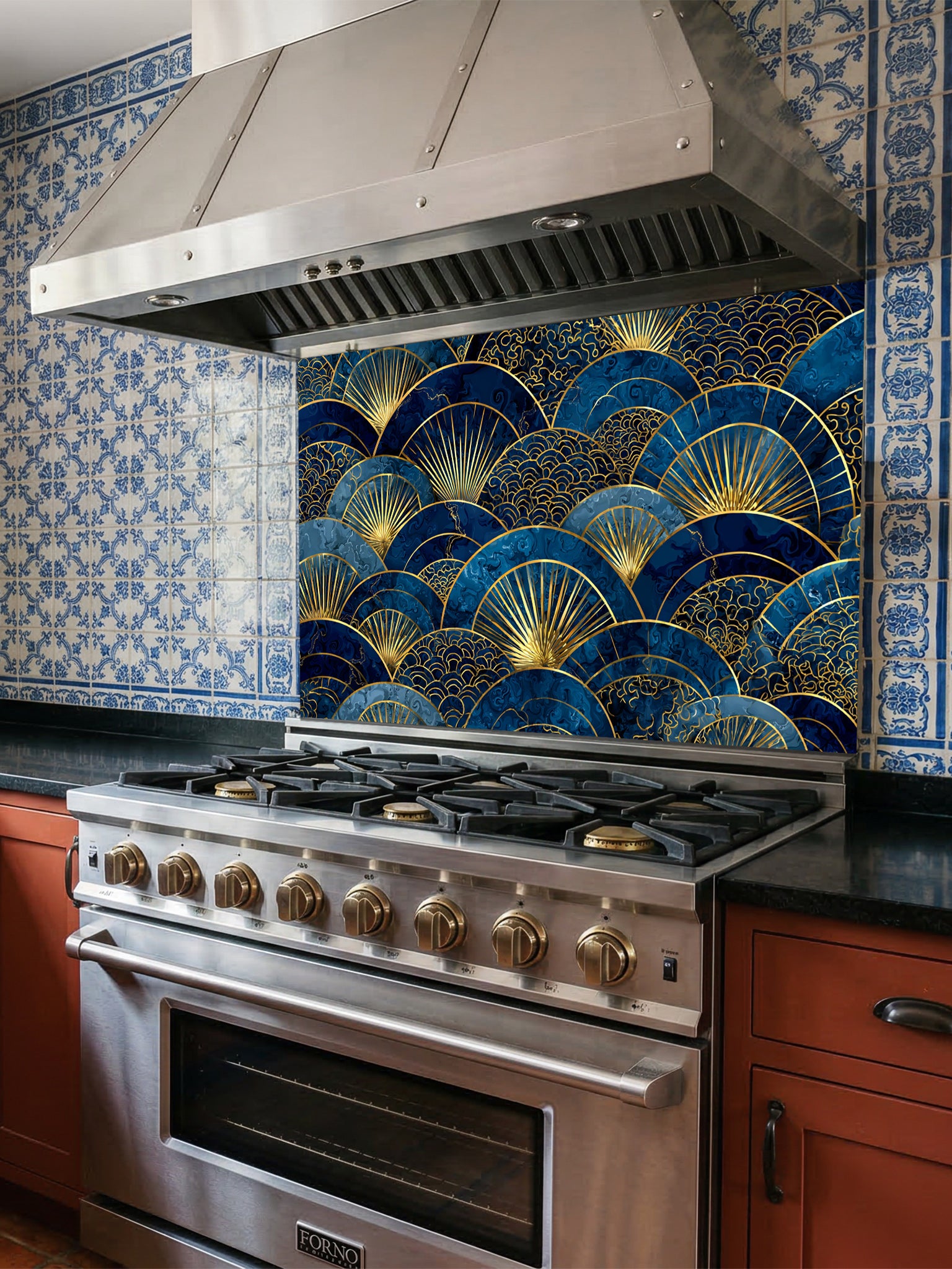 Intricate Japanese Seigaiha wave and Art Deco sunburst fan pattern in deep navy blue and gold, UV printed on a smooth tempered glass kitchen backsplash, installed behind a modern stove.