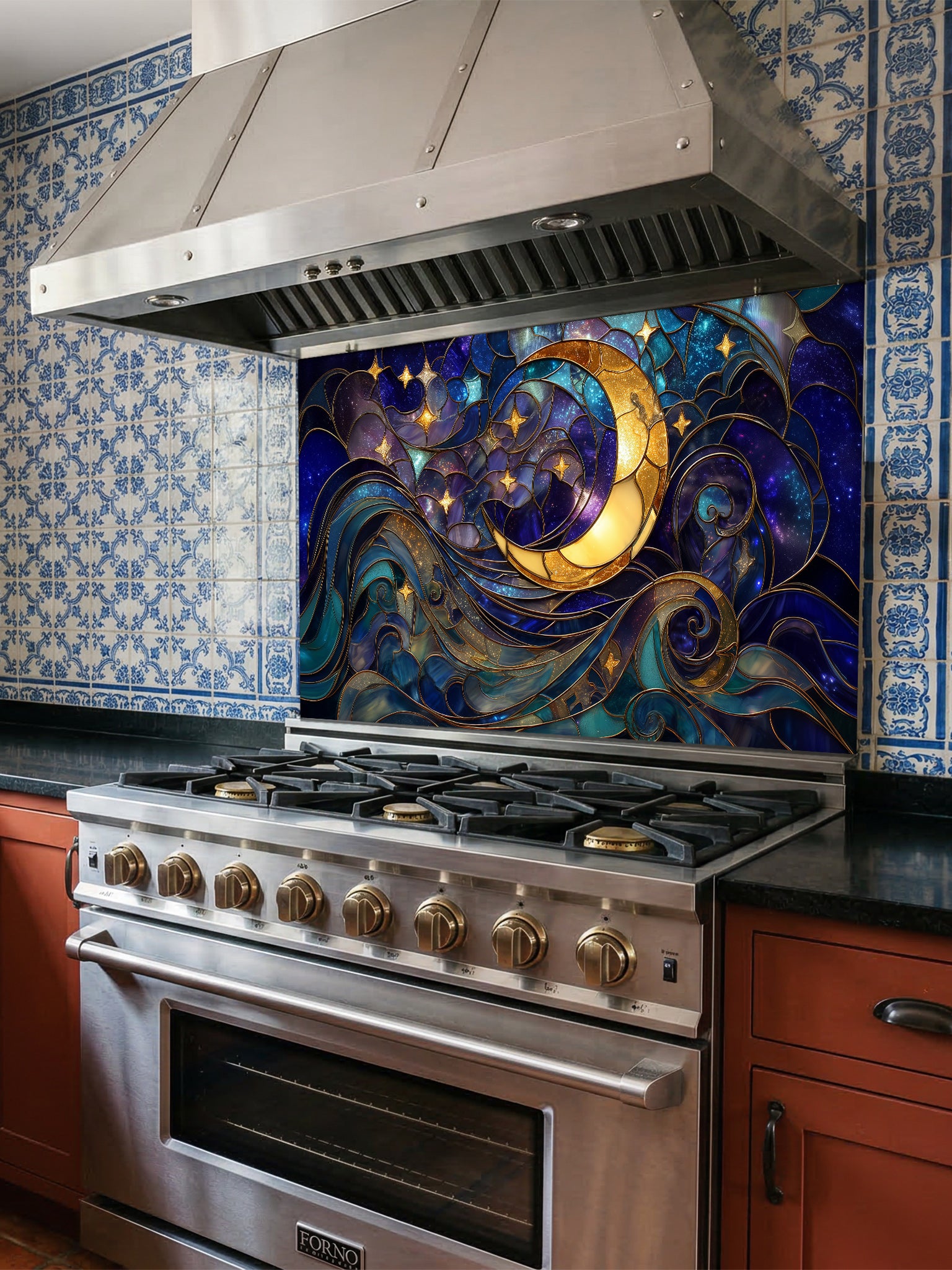Tempered glass kitchen backsplash featuring a highly realistic 3D illusion of stained glass art showing a glowing golden crescent moon and stars swirling in a deep blue night sky, installed behind a modern stainless steel stove.