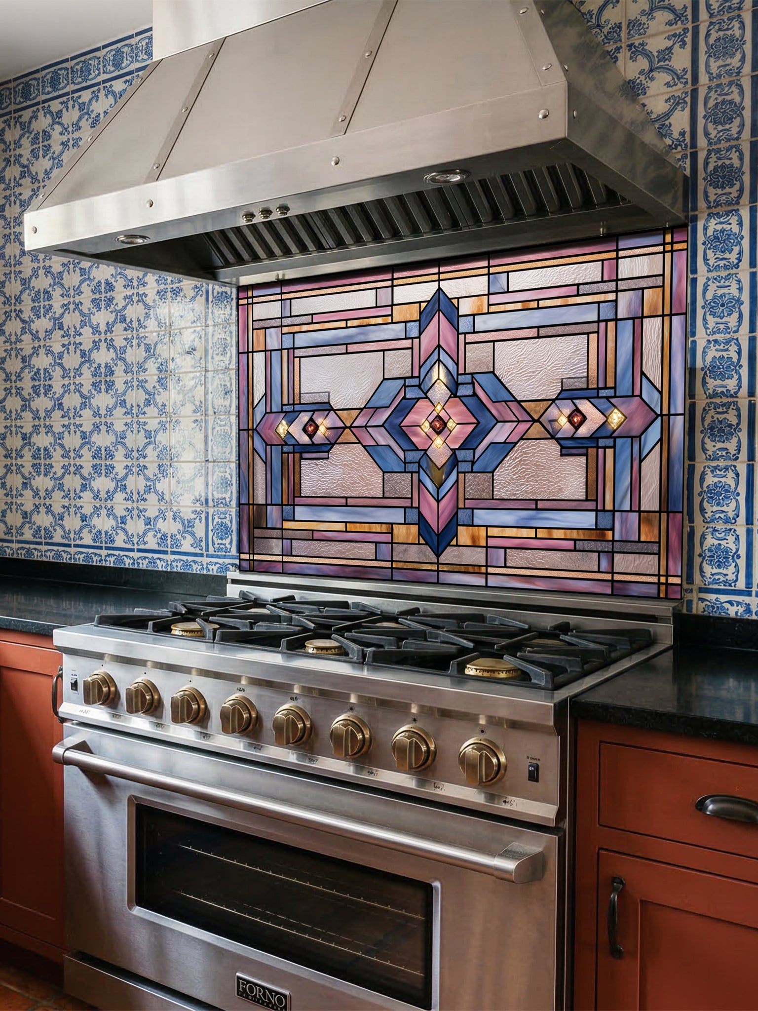 Tempered glass kitchen backsplash featuring a highly realistic 3D illusion of architectural Prairie-style stained glass, showing a symmetrical geometric pattern with diamonds and intersecting lines in dusty rose, lavender, soft blue, and amber, installed behind a modern black stove.