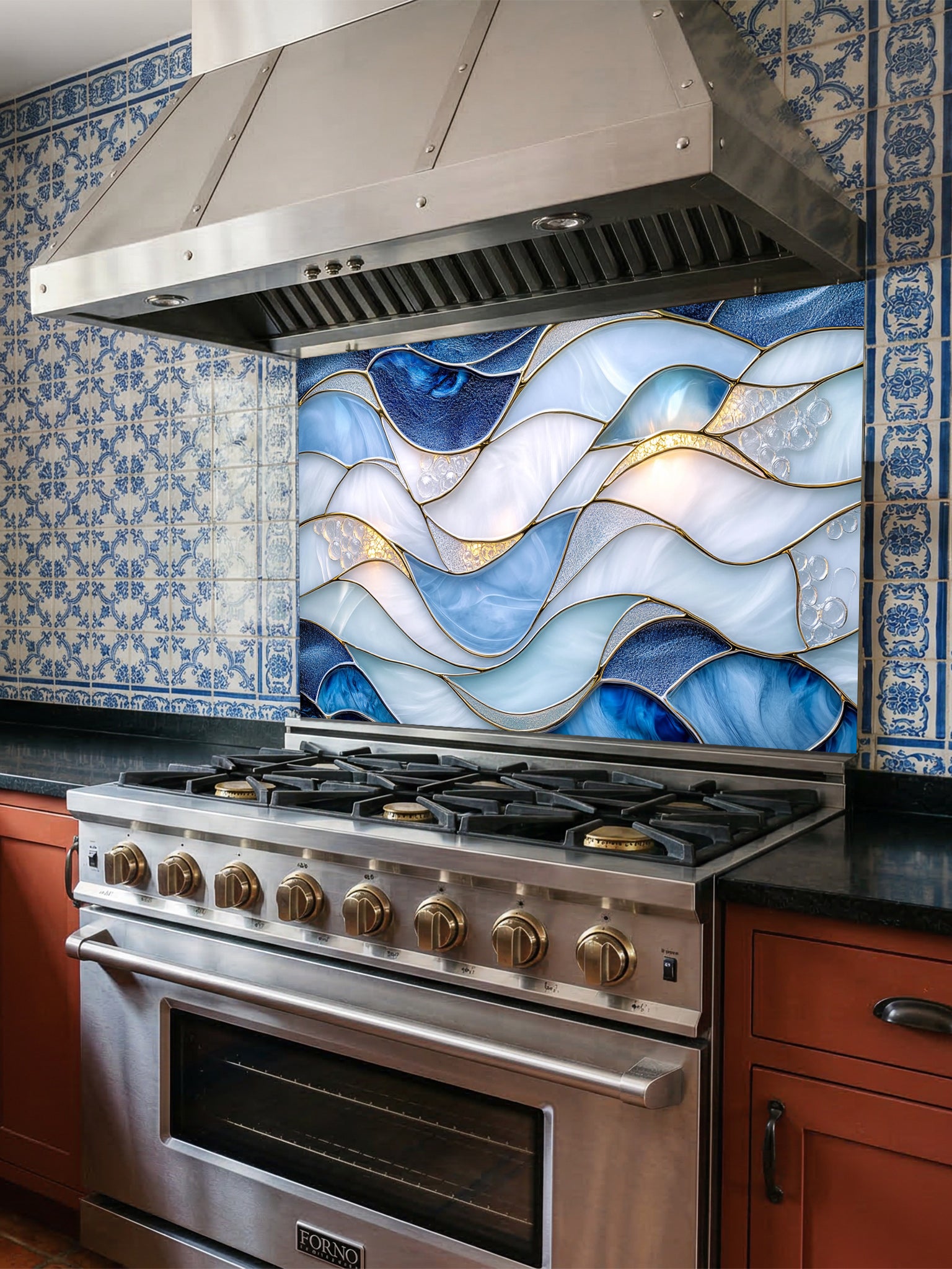 A modern kitchen featuring a tempered glass backsplash with a luxurious abstract fluid art design of blue and white waves with 3D-effect gold veins, installed behind a stainless steel stove.